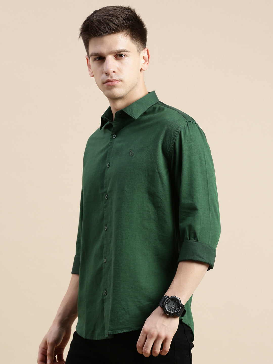 Men Spread Collar Solid Green Shirt