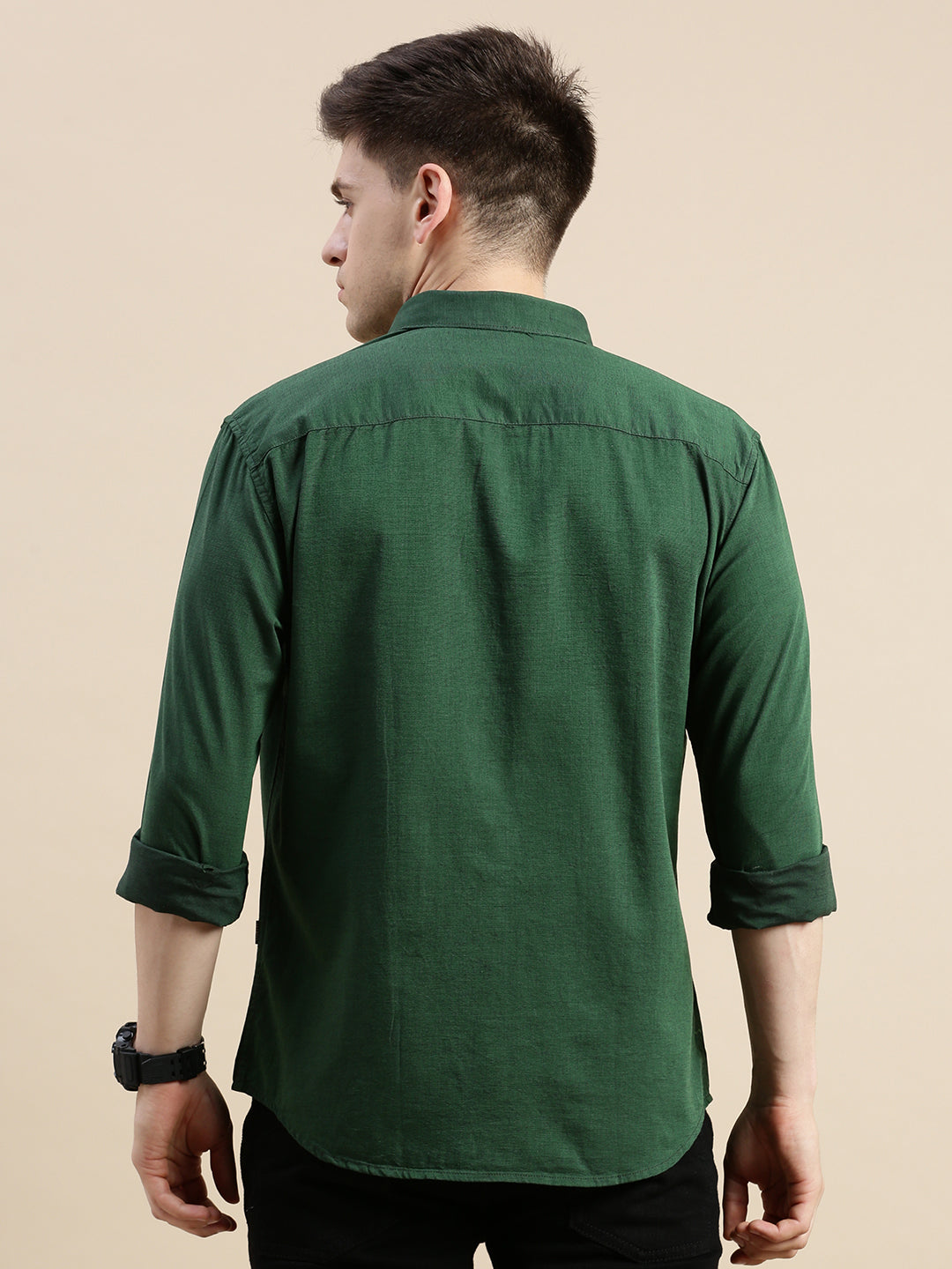 Men Spread Collar Solid Green Shirt