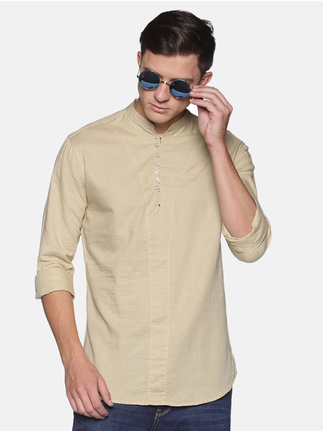 Men's Cream Mandarin Collar Slim Fit Shirt