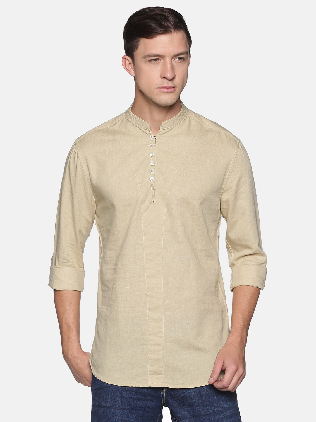 Men's Cream Mandarin Collar Slim Fit Shirt