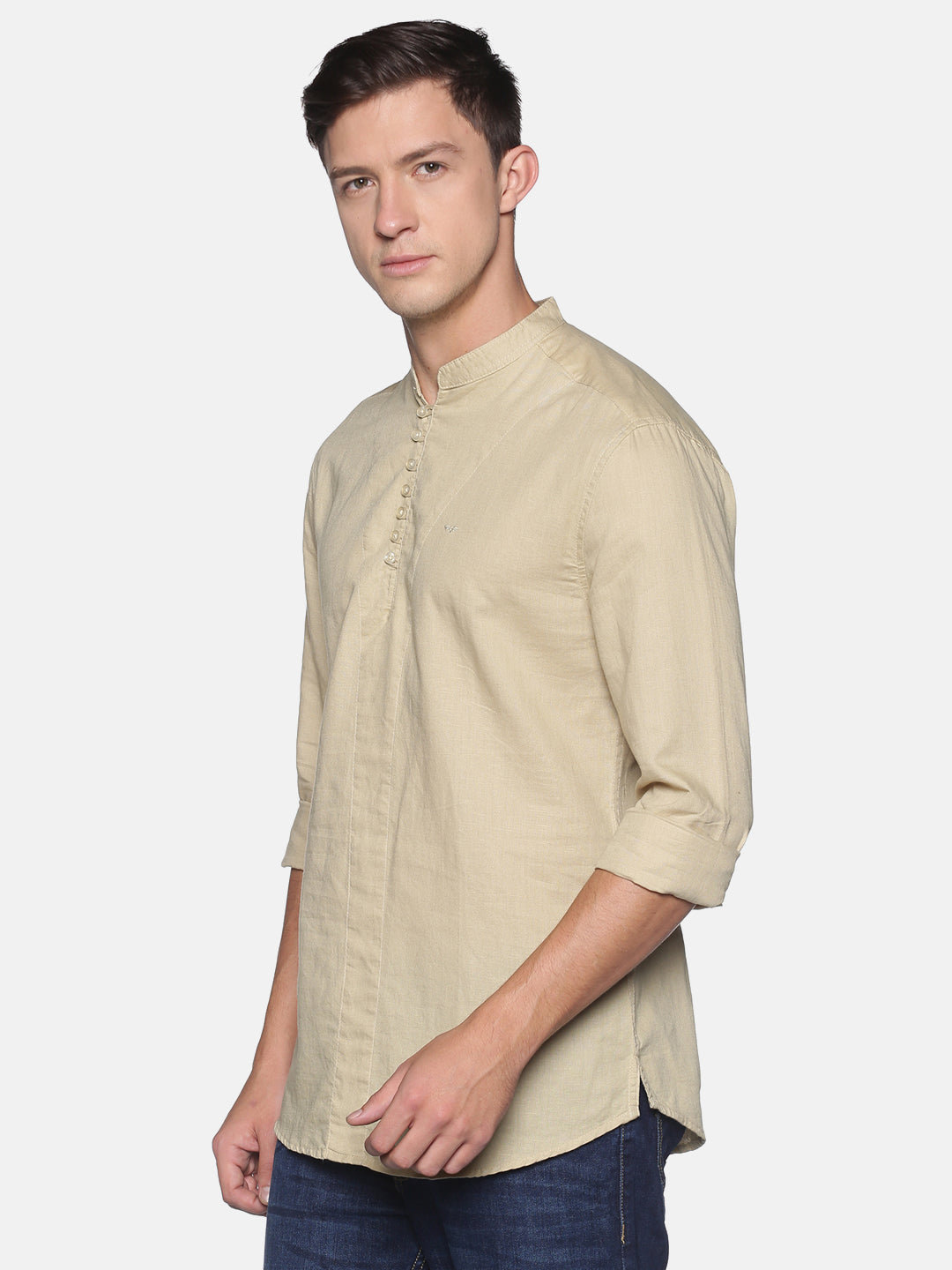 Men's Cream Mandarin Collar Slim Fit Shirt