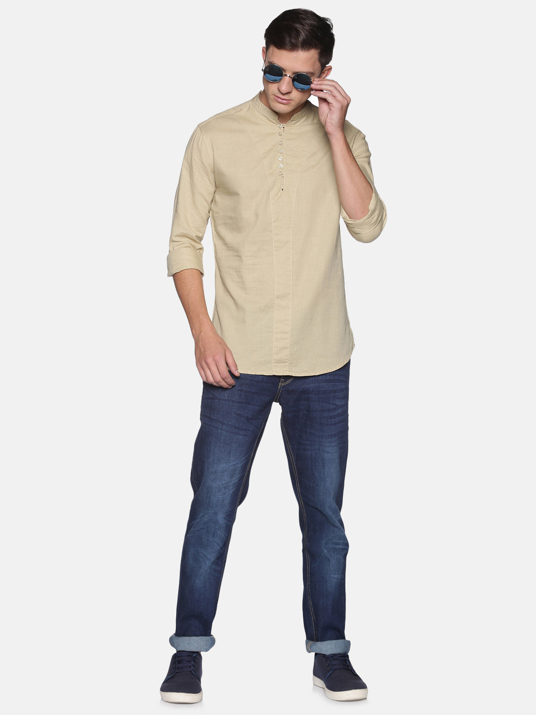 Men's Cream Mandarin Collar Slim Fit Shirt