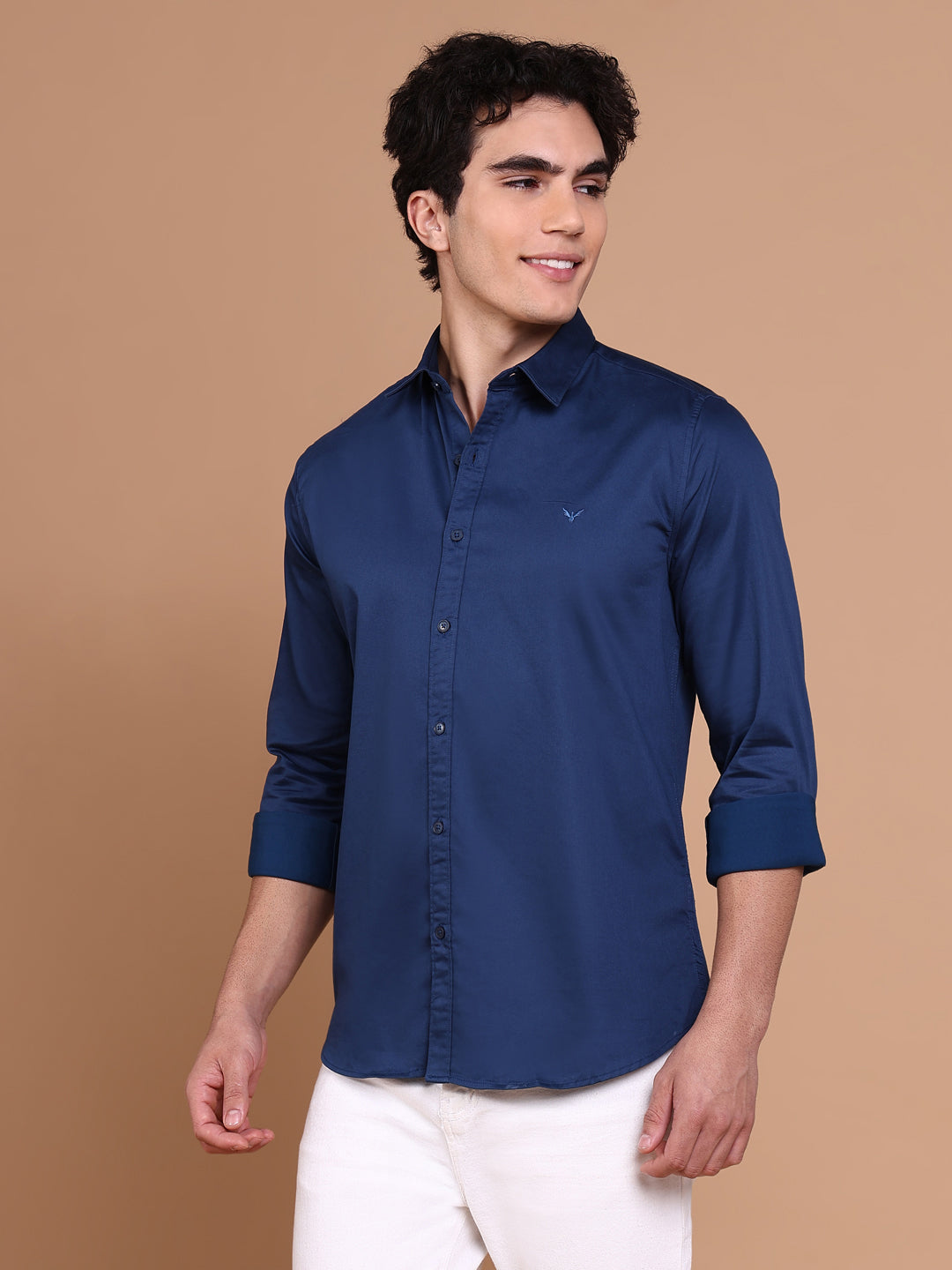 Men Navy Blue Solid Shirt