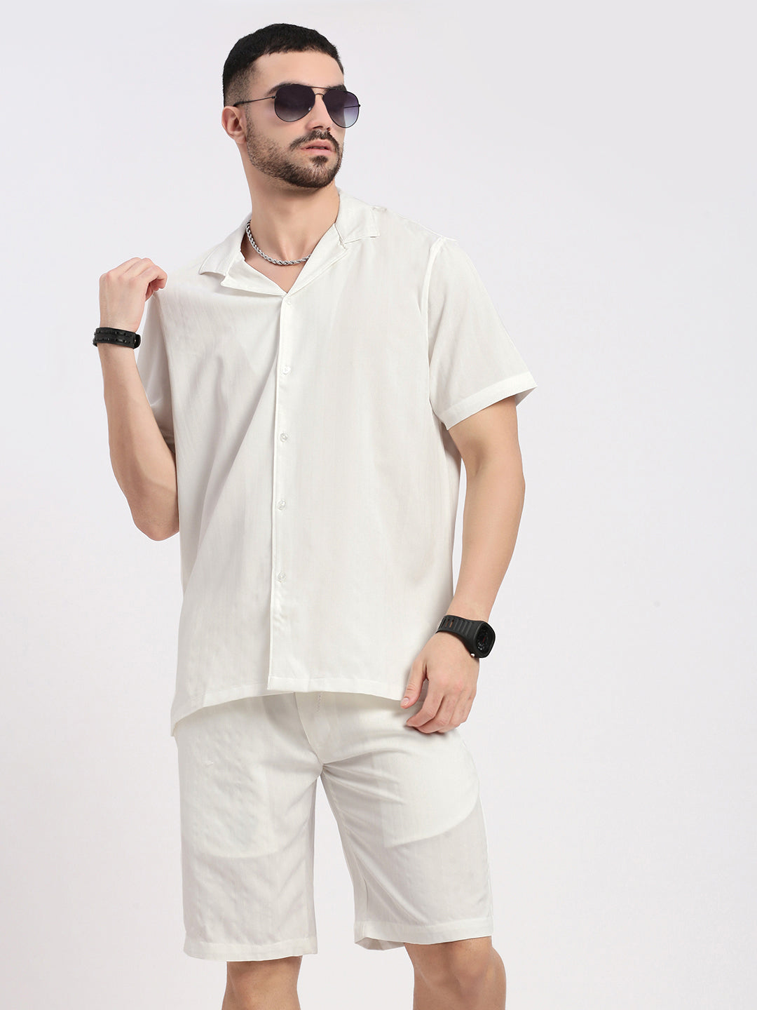 Men White Solid Co Ords Set