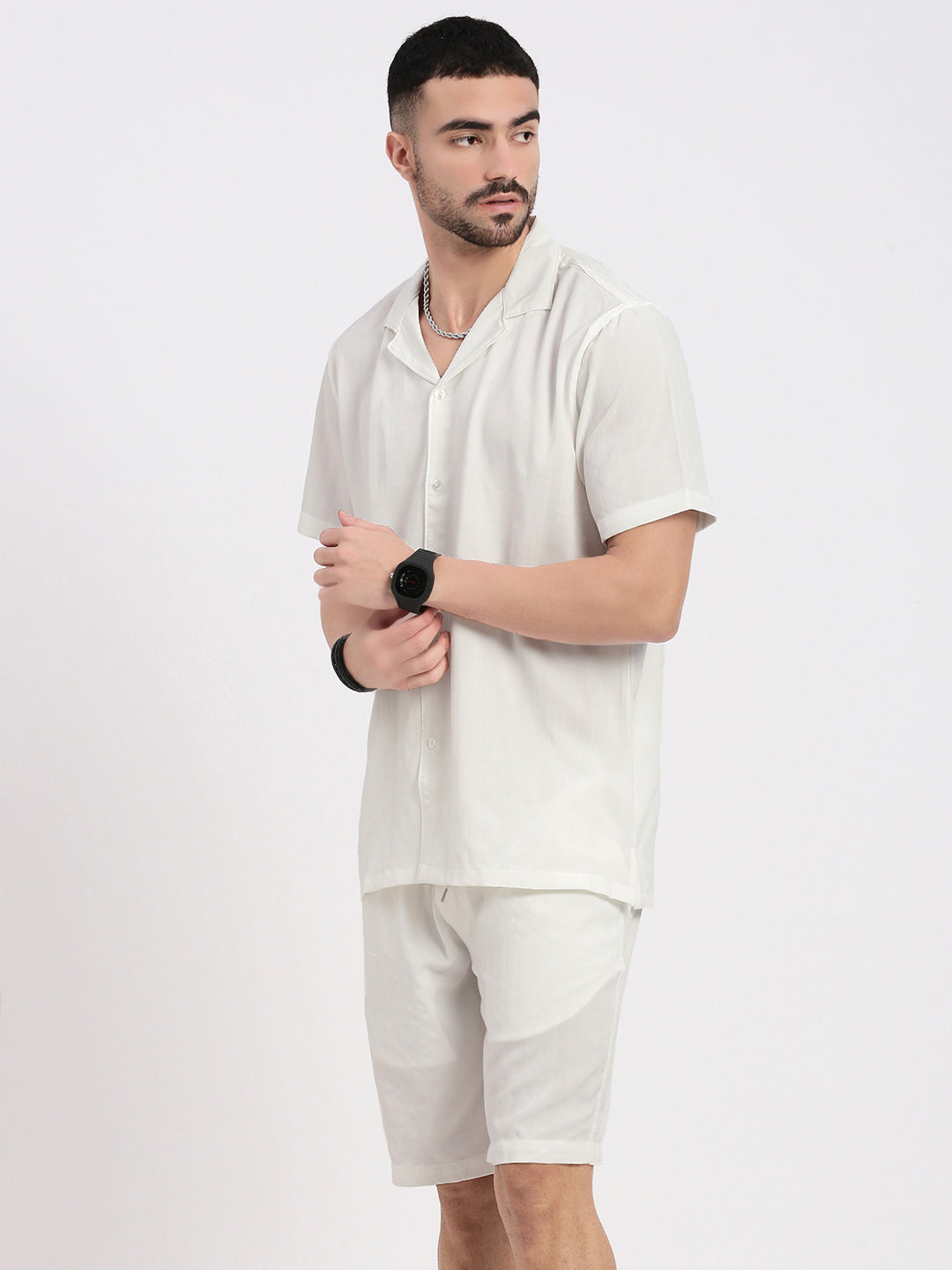 Men White Solid Co Ords Set