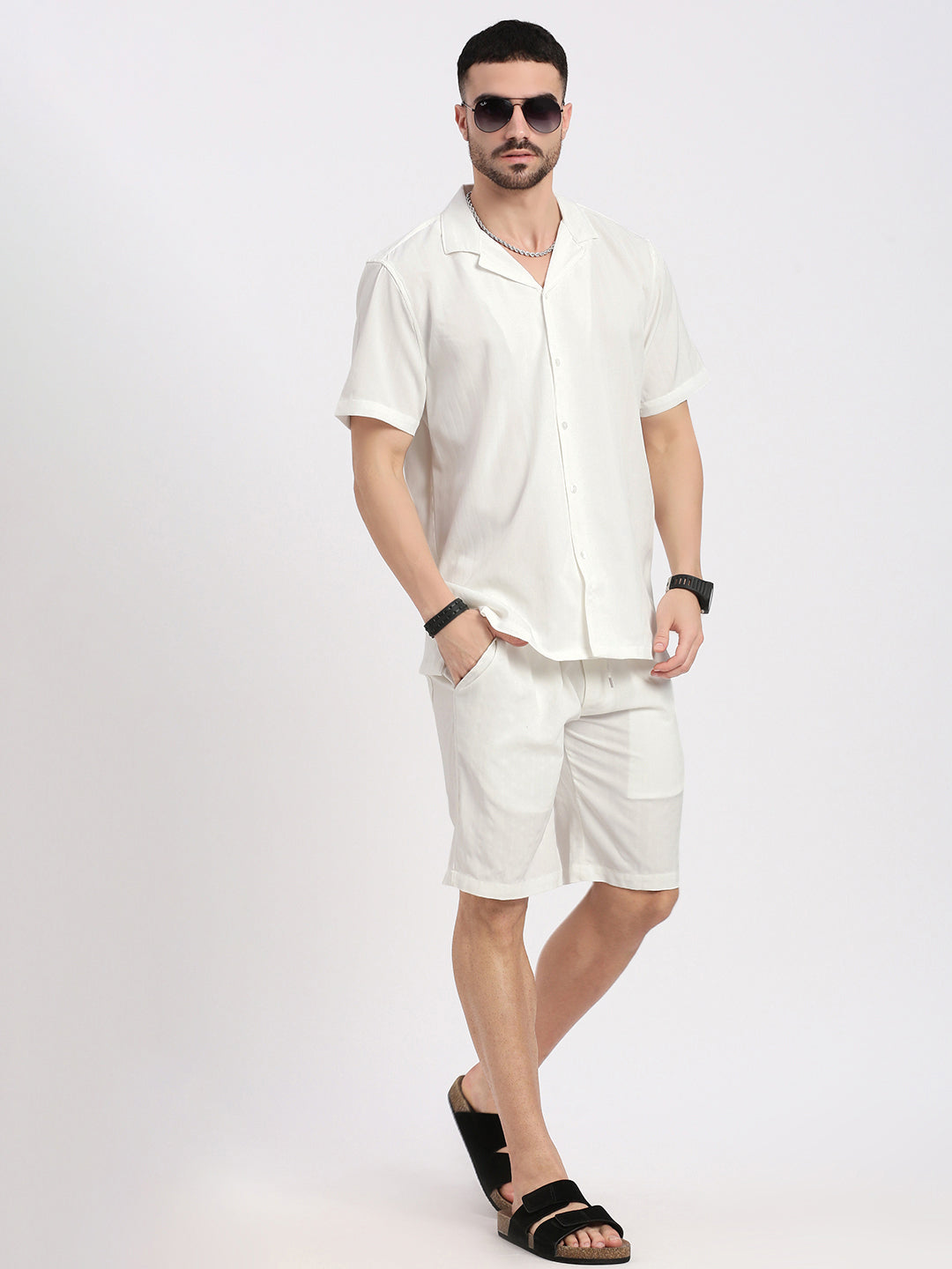 Men White Solid Co Ords Set