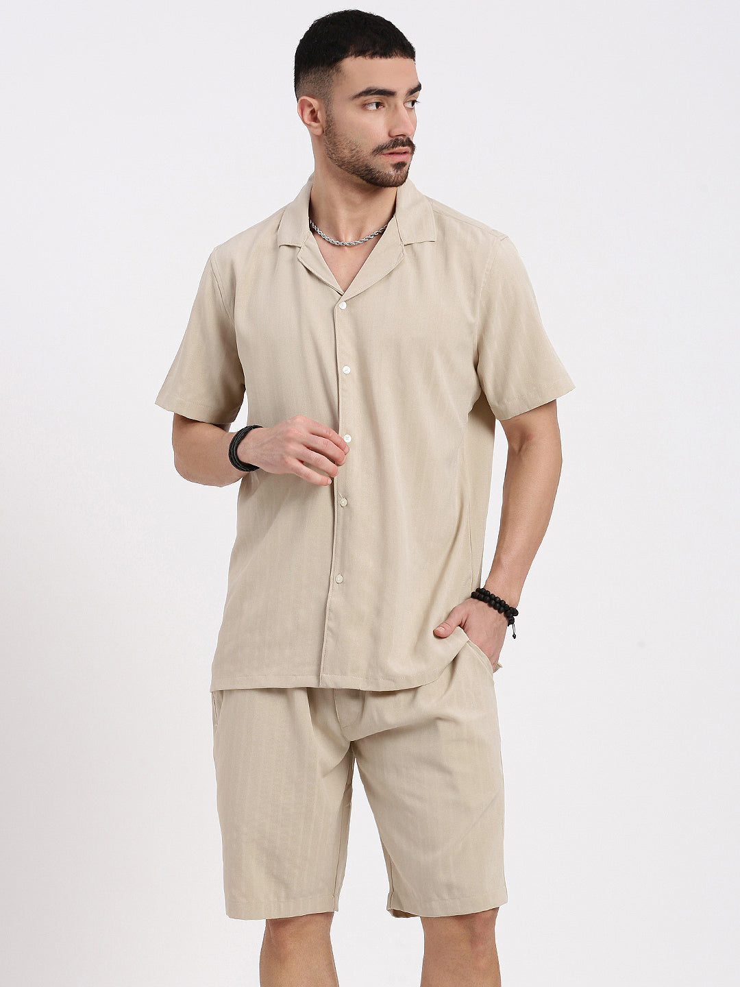 Men Beige Solid Co Ords Set