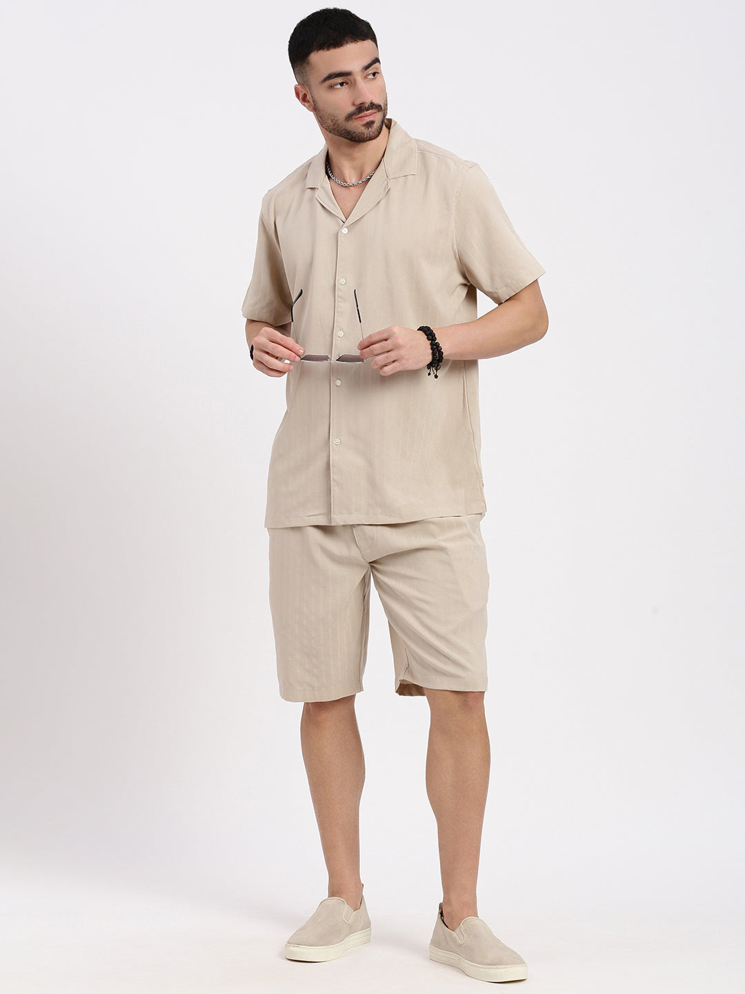 Men Beige Solid Co Ords Set