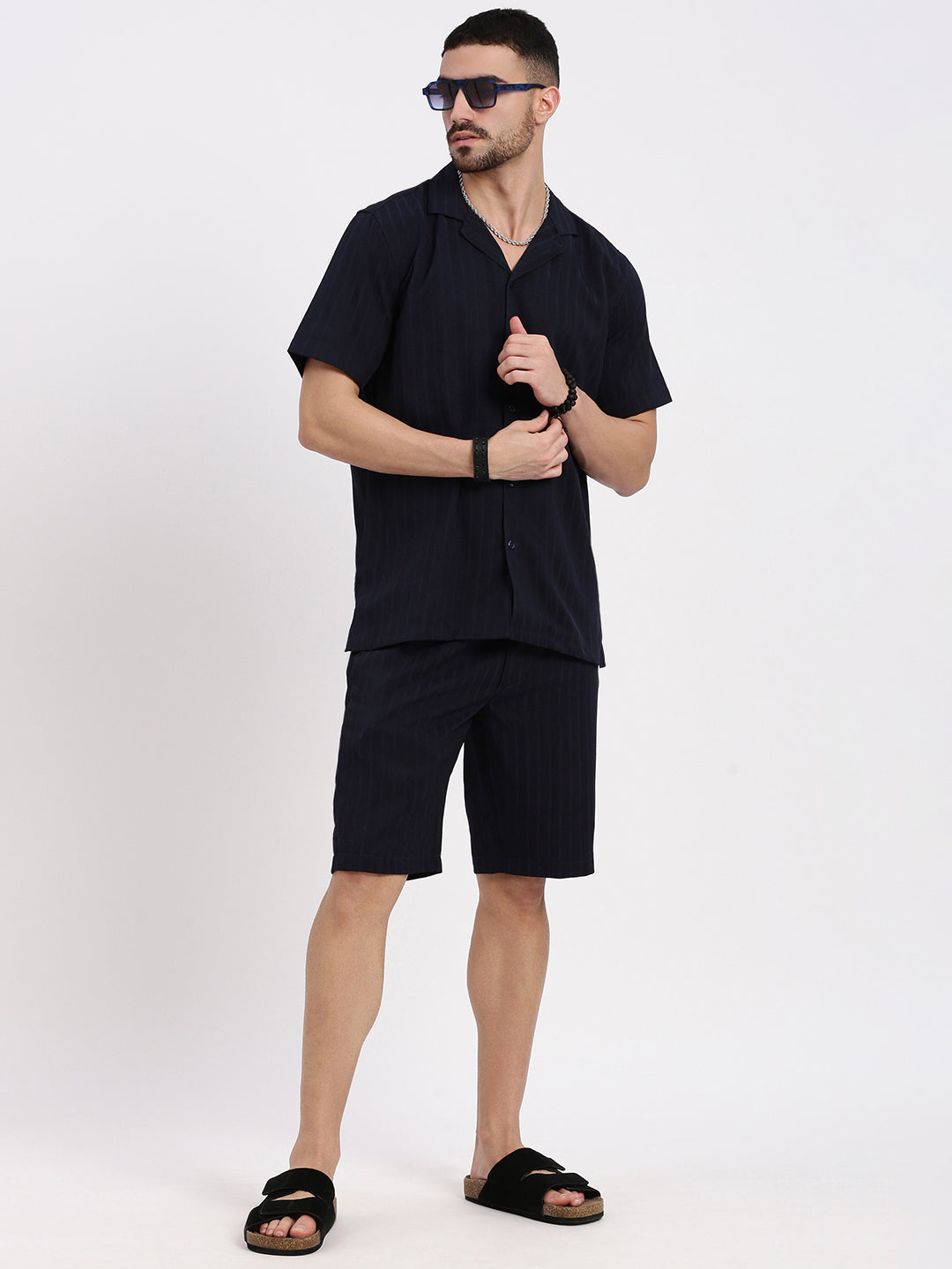 Men Navy Blue Solid Co Ords Set