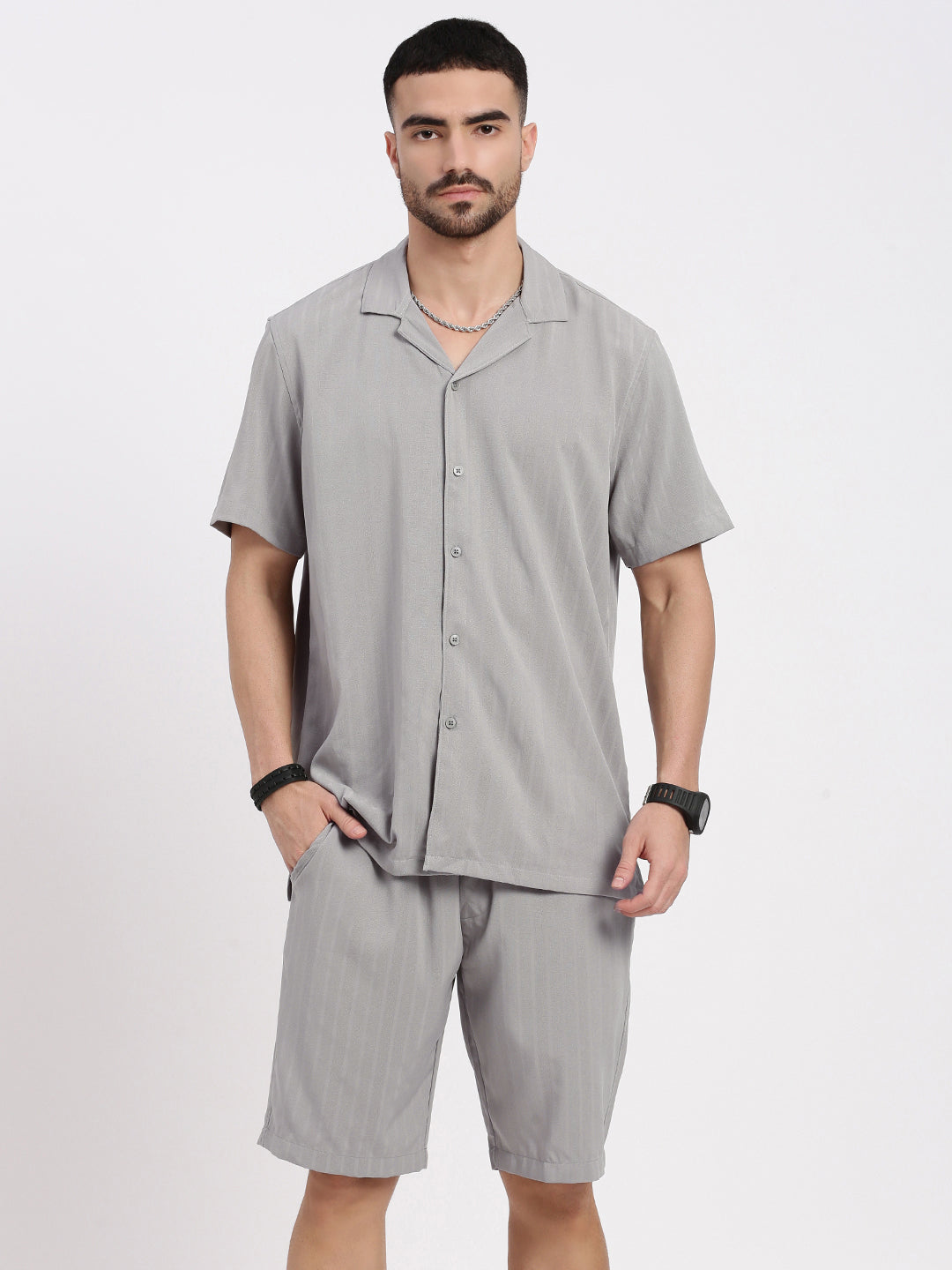 Men Grey Solid Co Ords Set