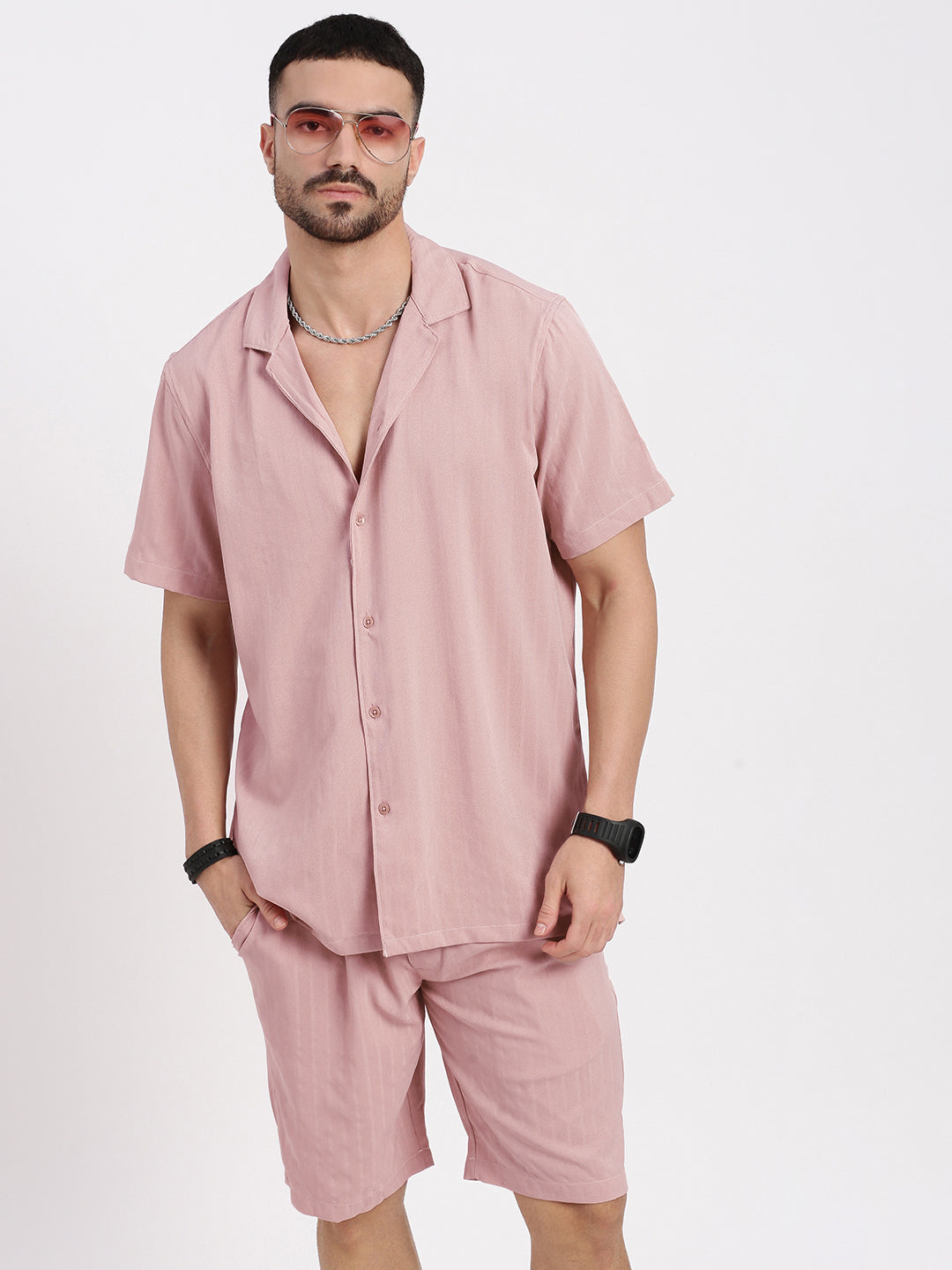 Men Peach Solid Co Ords Set