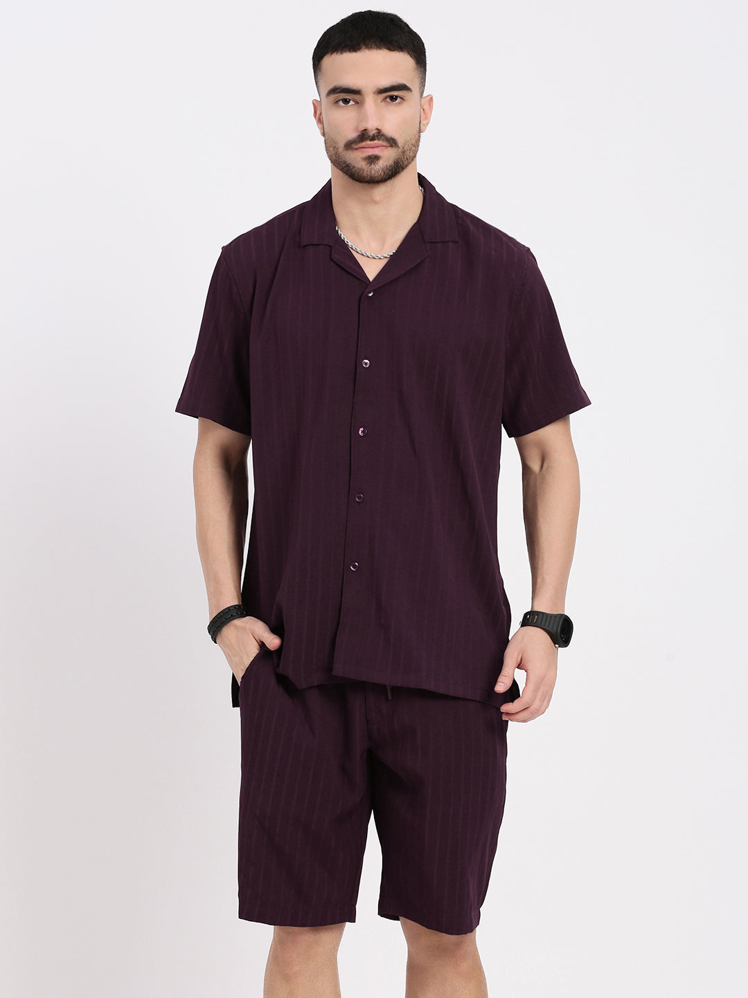 Men Purple Solid Co Ords Set