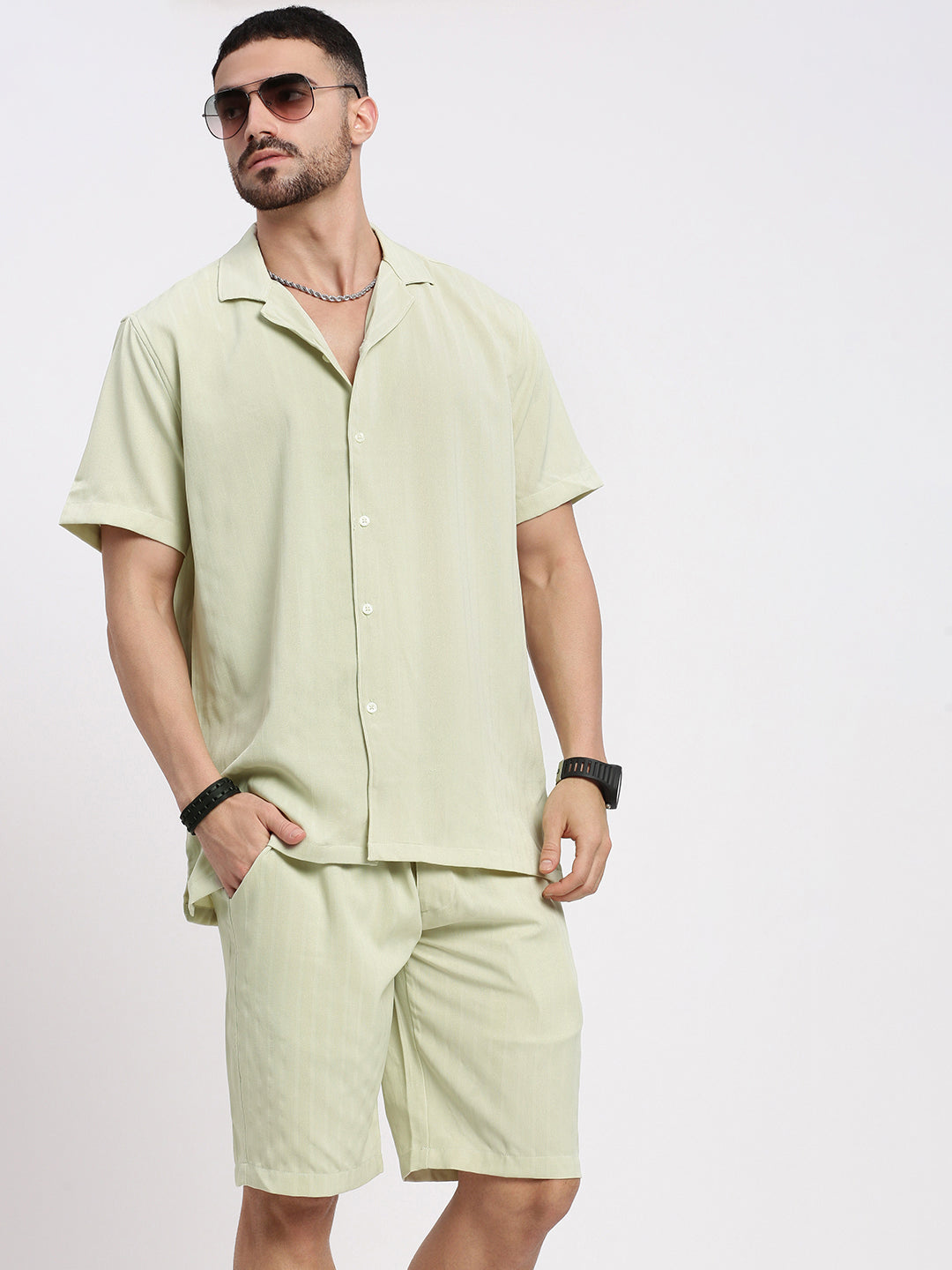 Men Green Solid Co Ords Set