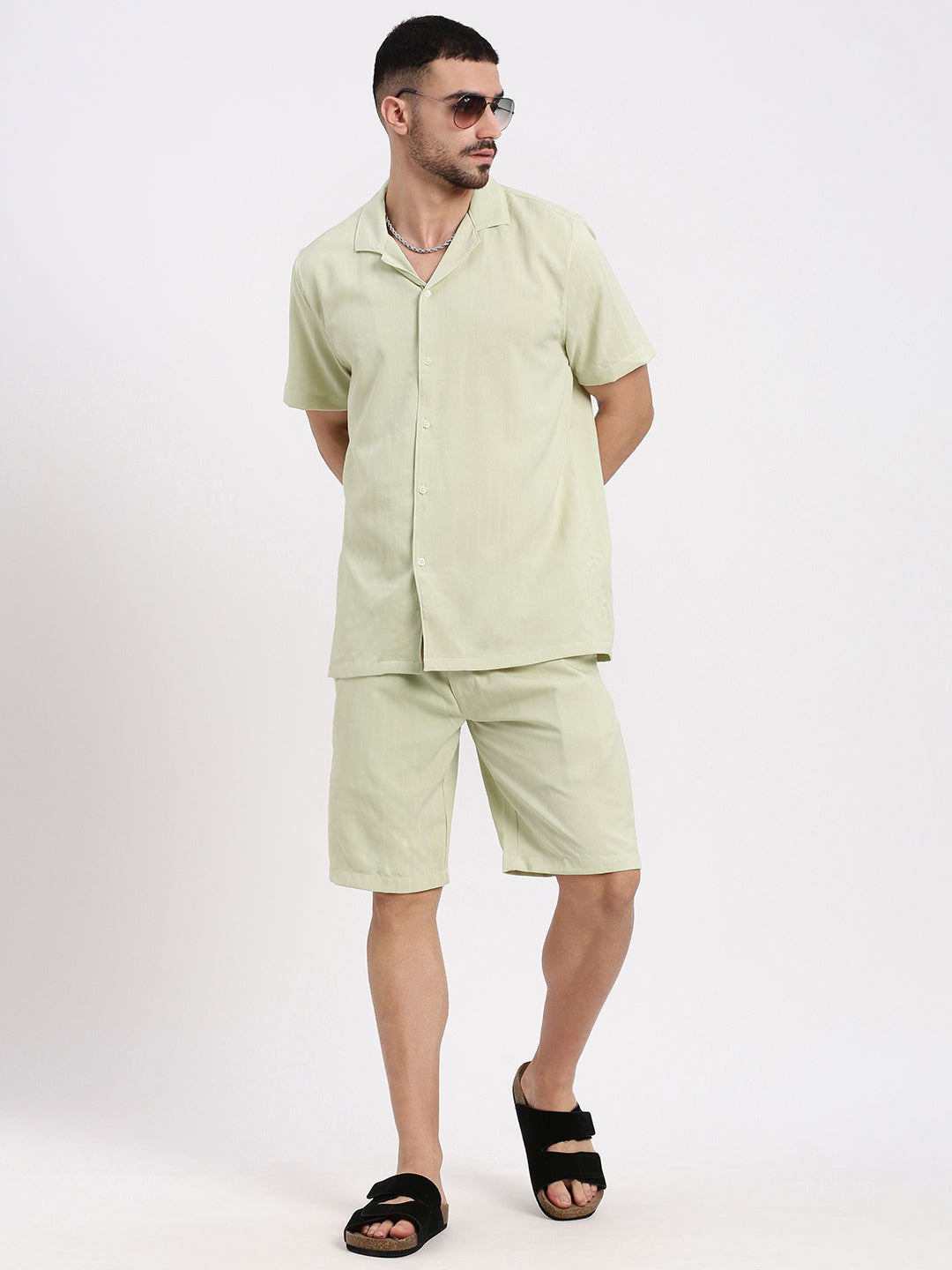 Men Green Solid Co Ords Set