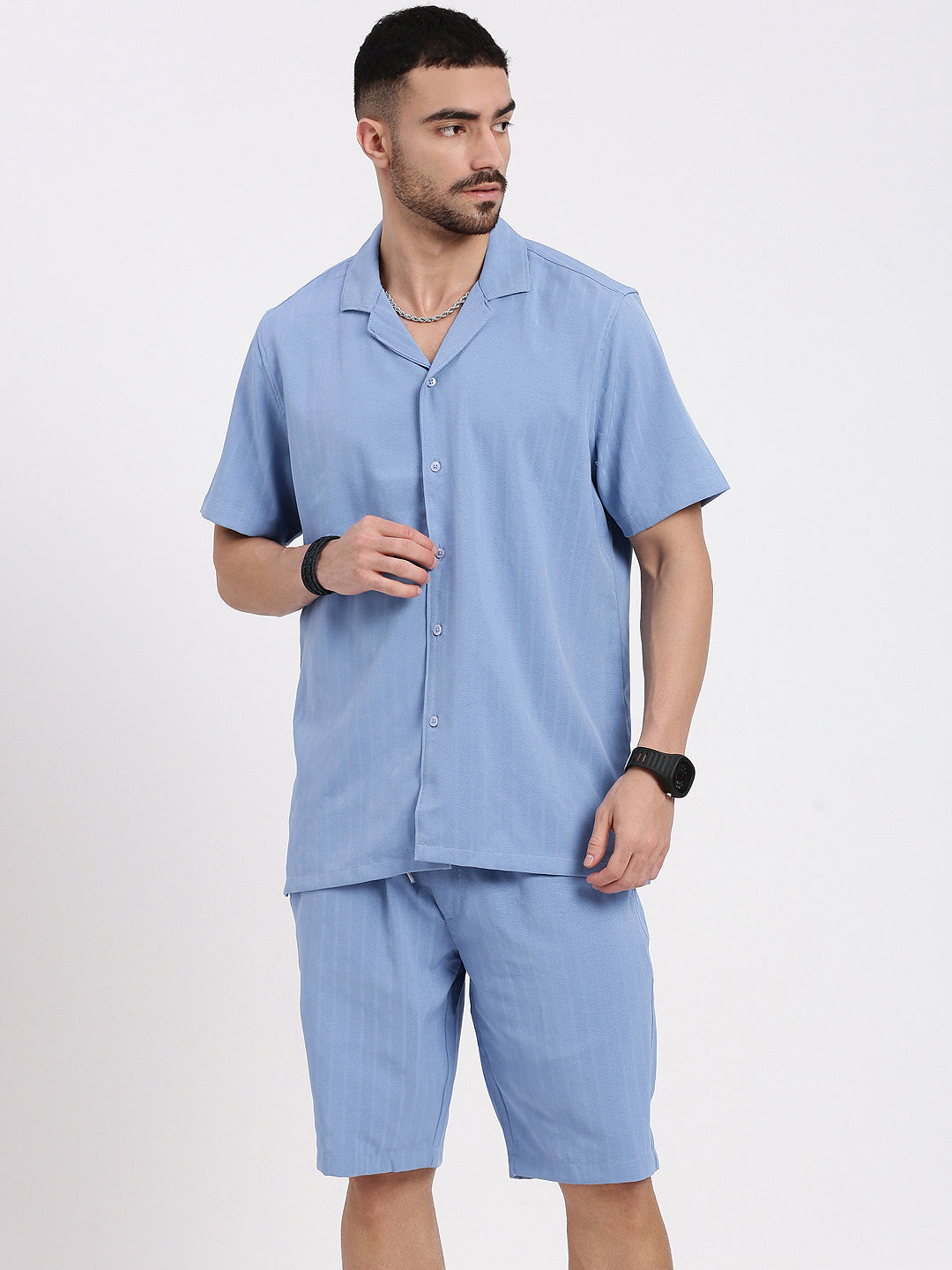 Men Blue Solid Co Ords Set