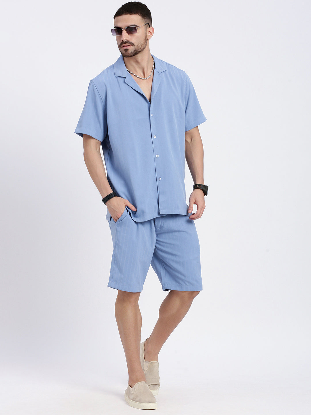 Men Blue Solid Co Ords Set