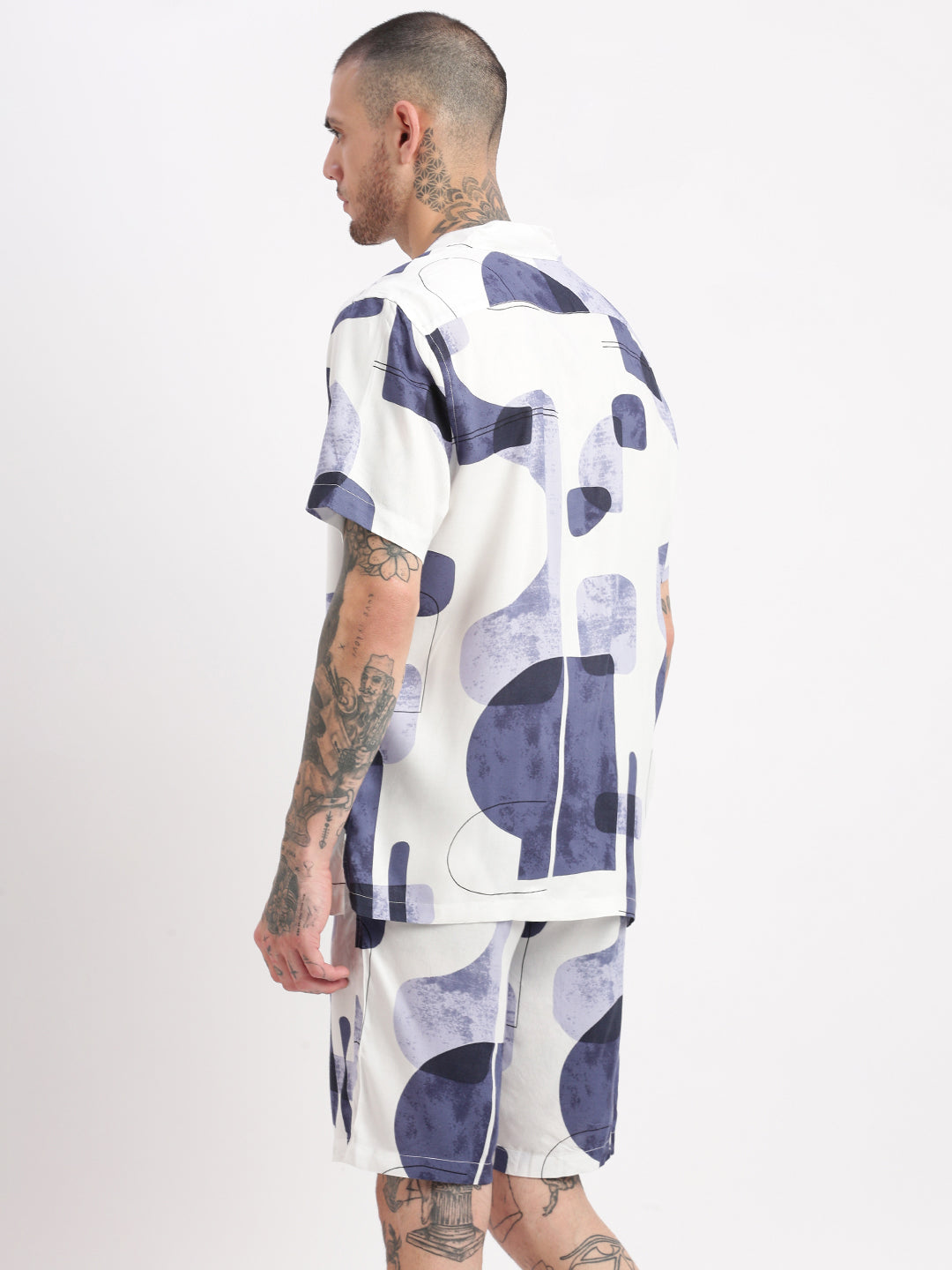 Men Abstract Cuban Collar White Co-Ords Set