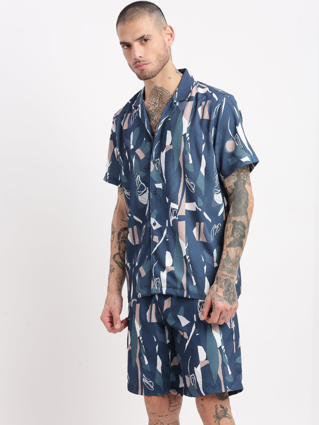 Men Abstract Cuban Collar Blue Co-Ords Set