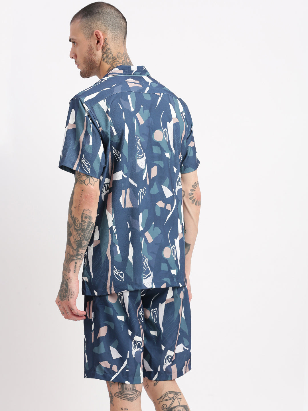 Men Abstract Cuban Collar Blue Co-Ords Set