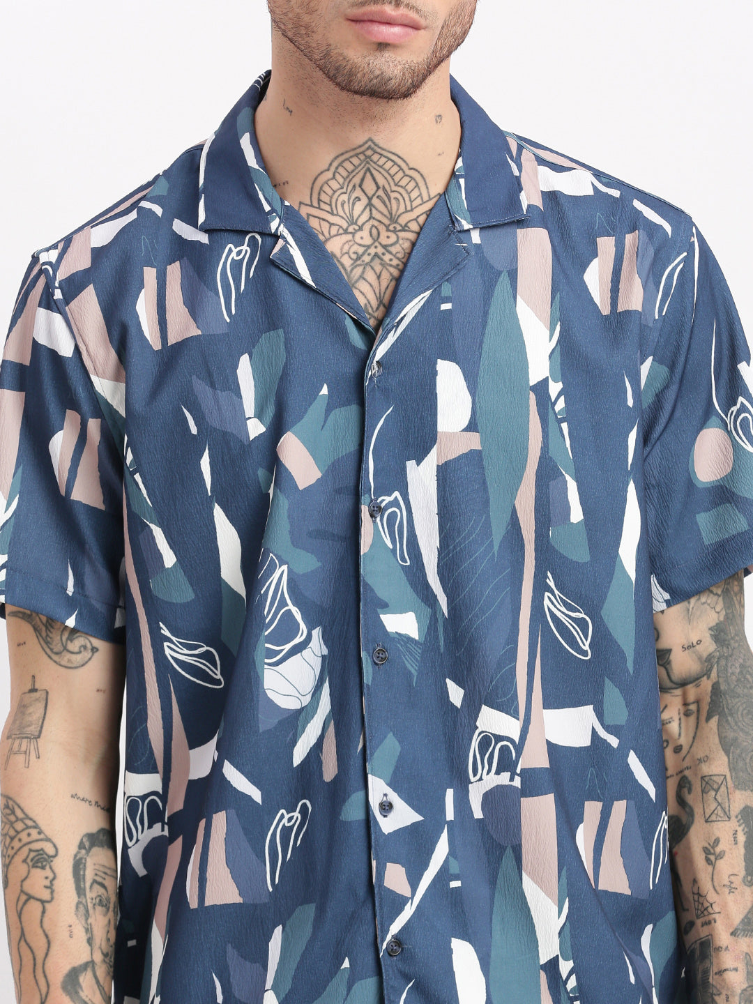 Men Abstract Cuban Collar Blue Co-Ords Set