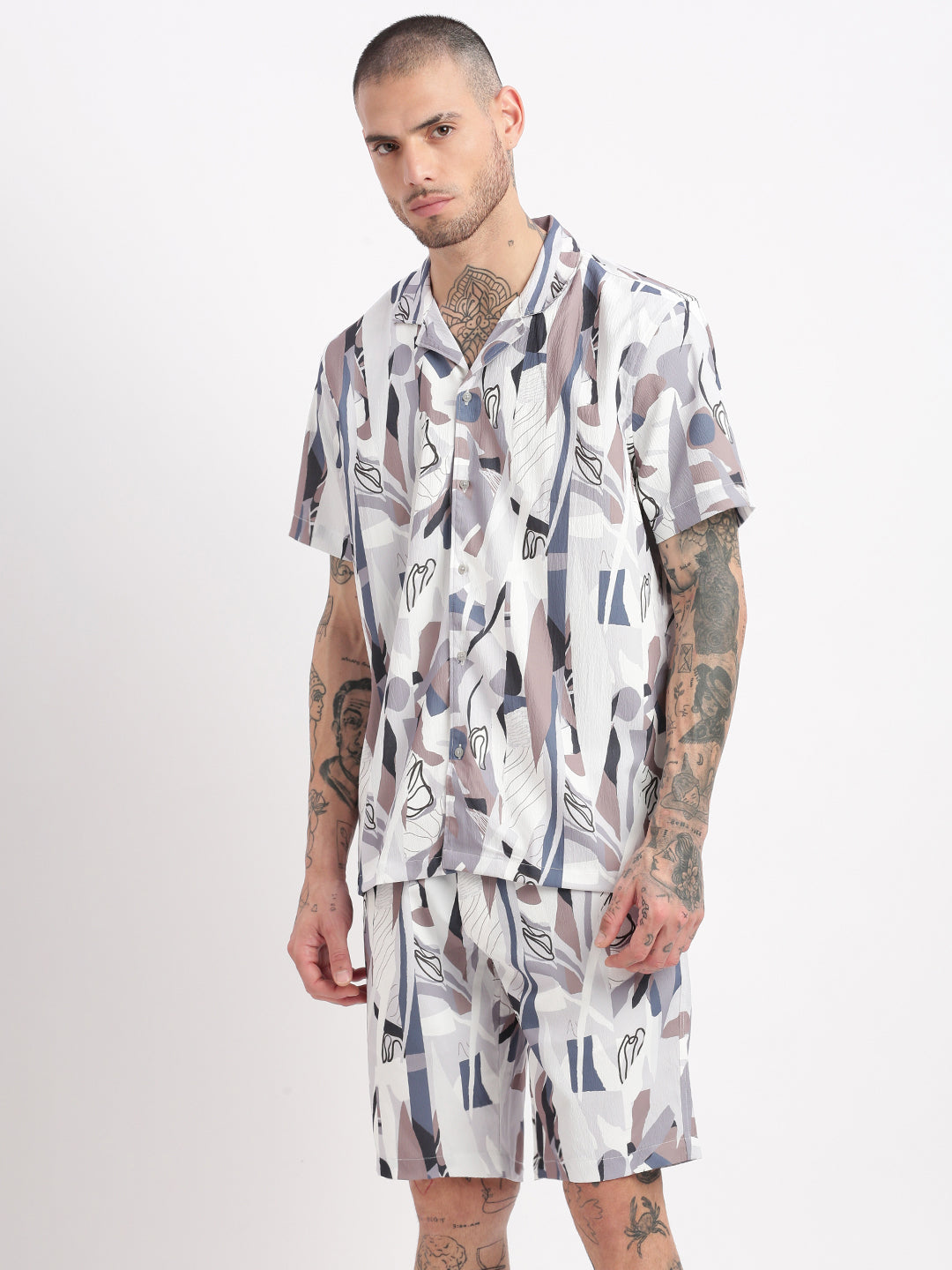 Men Abstract Cuban Collar Grey Co-Ords Set