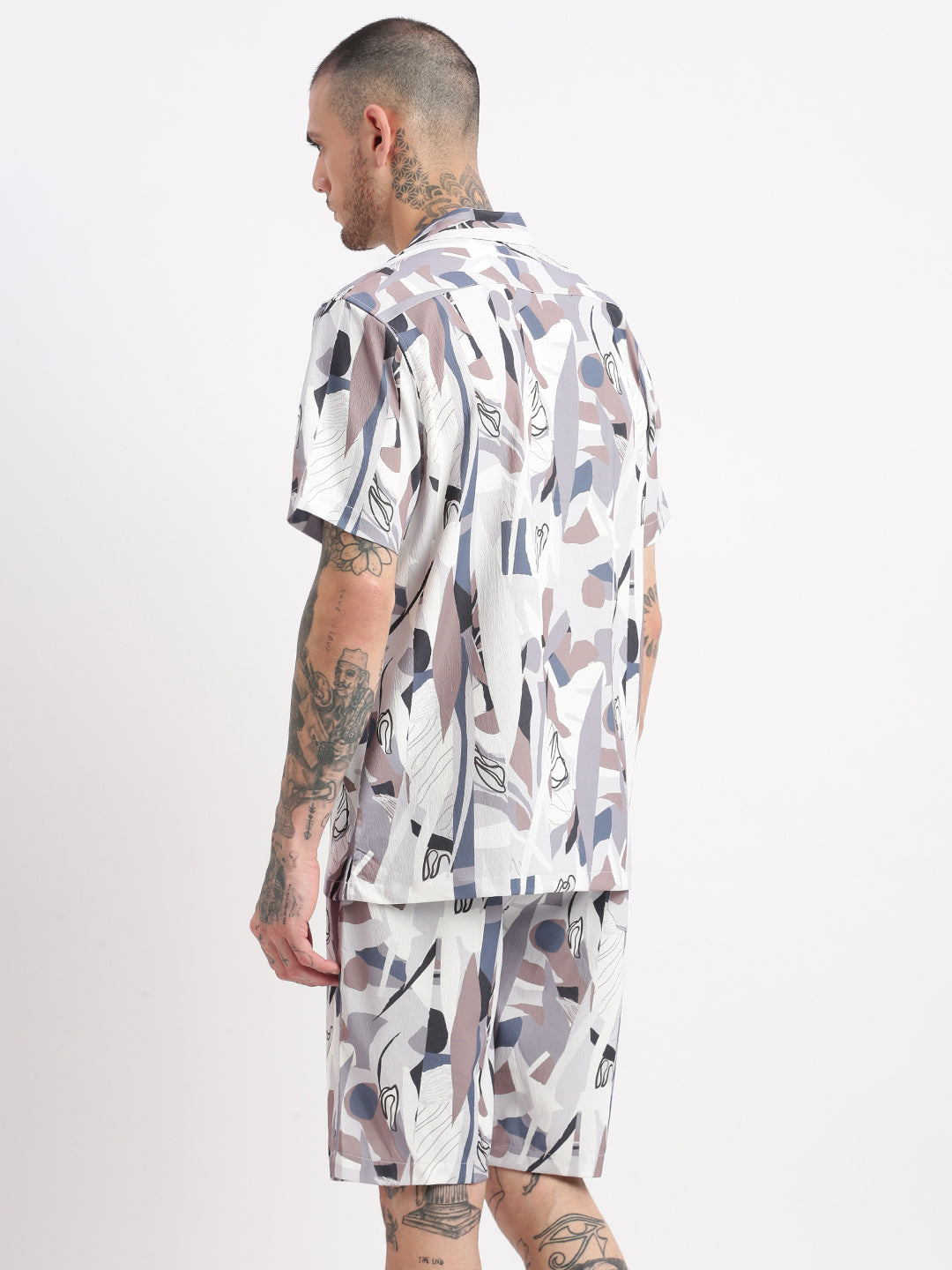 Men Abstract Cuban Collar Grey Co-Ords Set