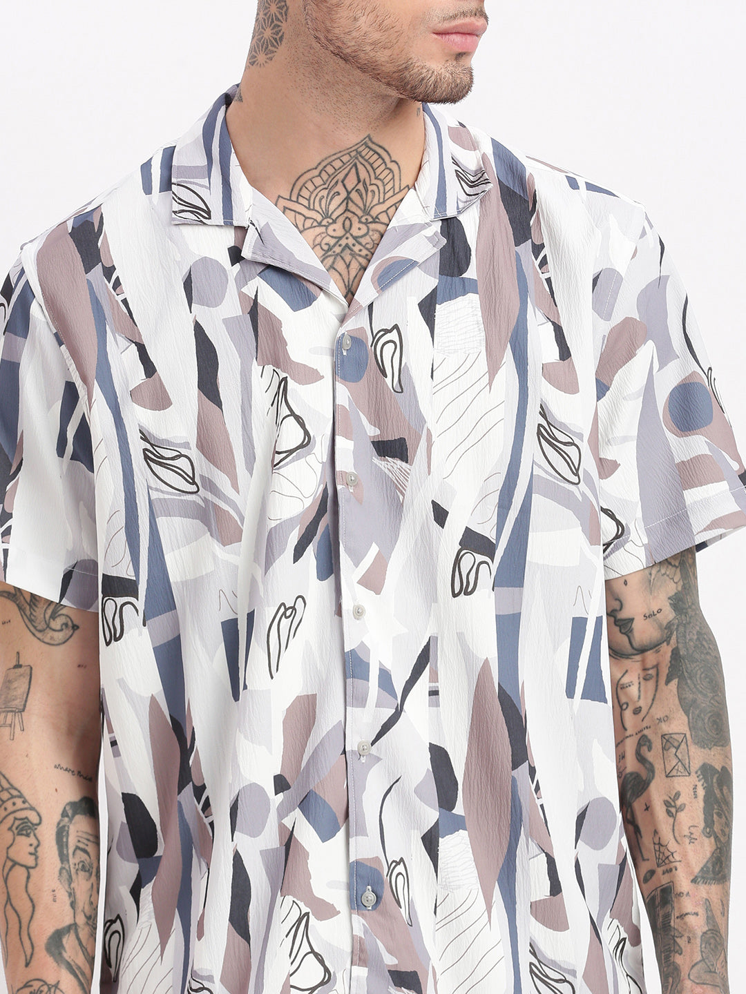 Men Abstract Cuban Collar Grey Co-Ords Set