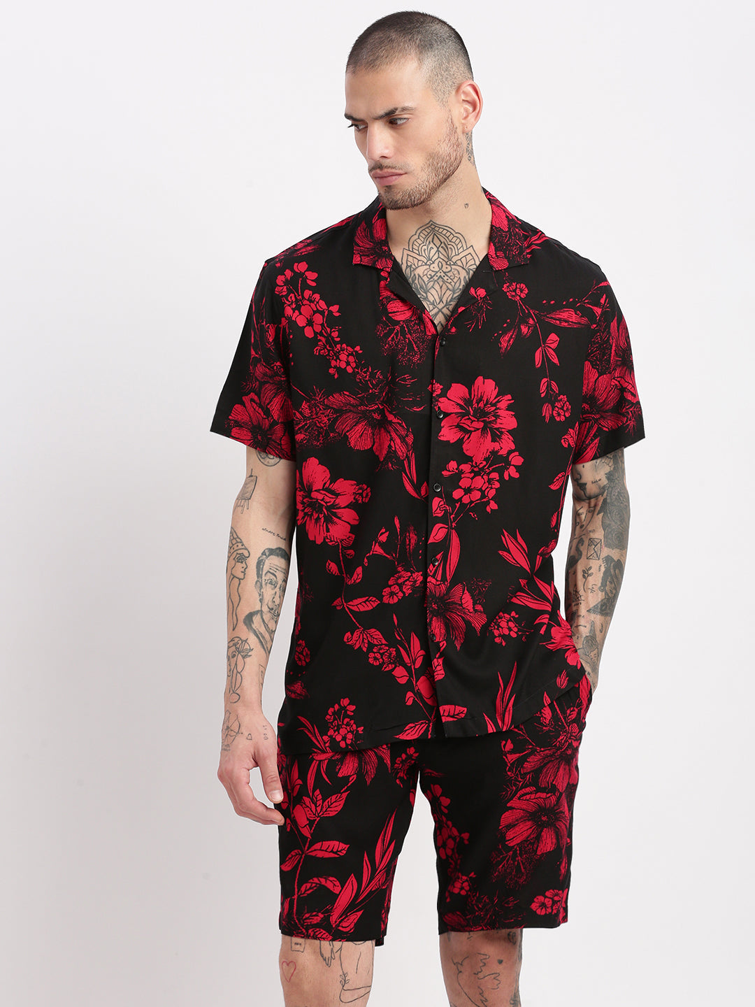 Men Floral Cuban Collar Black Co-Ords Set