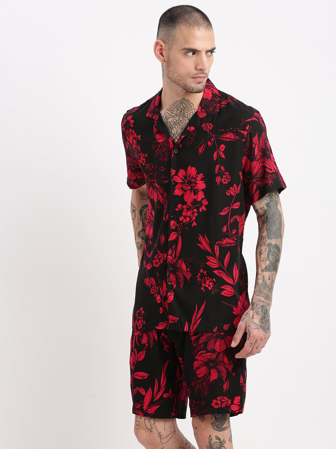 Men Floral Cuban Collar Black Co-Ords Set