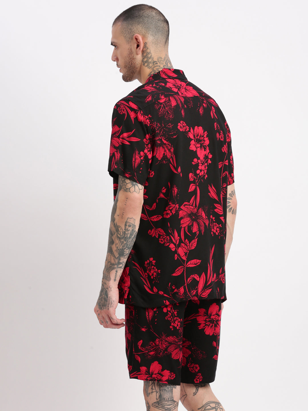 Men Floral Cuban Collar Black Co-Ords Set