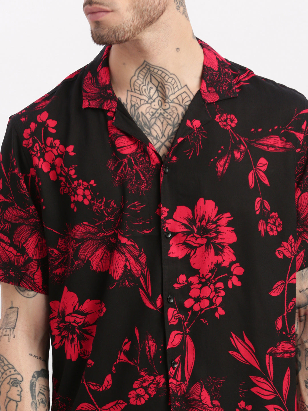 Men Floral Cuban Collar Black Co-Ords Set