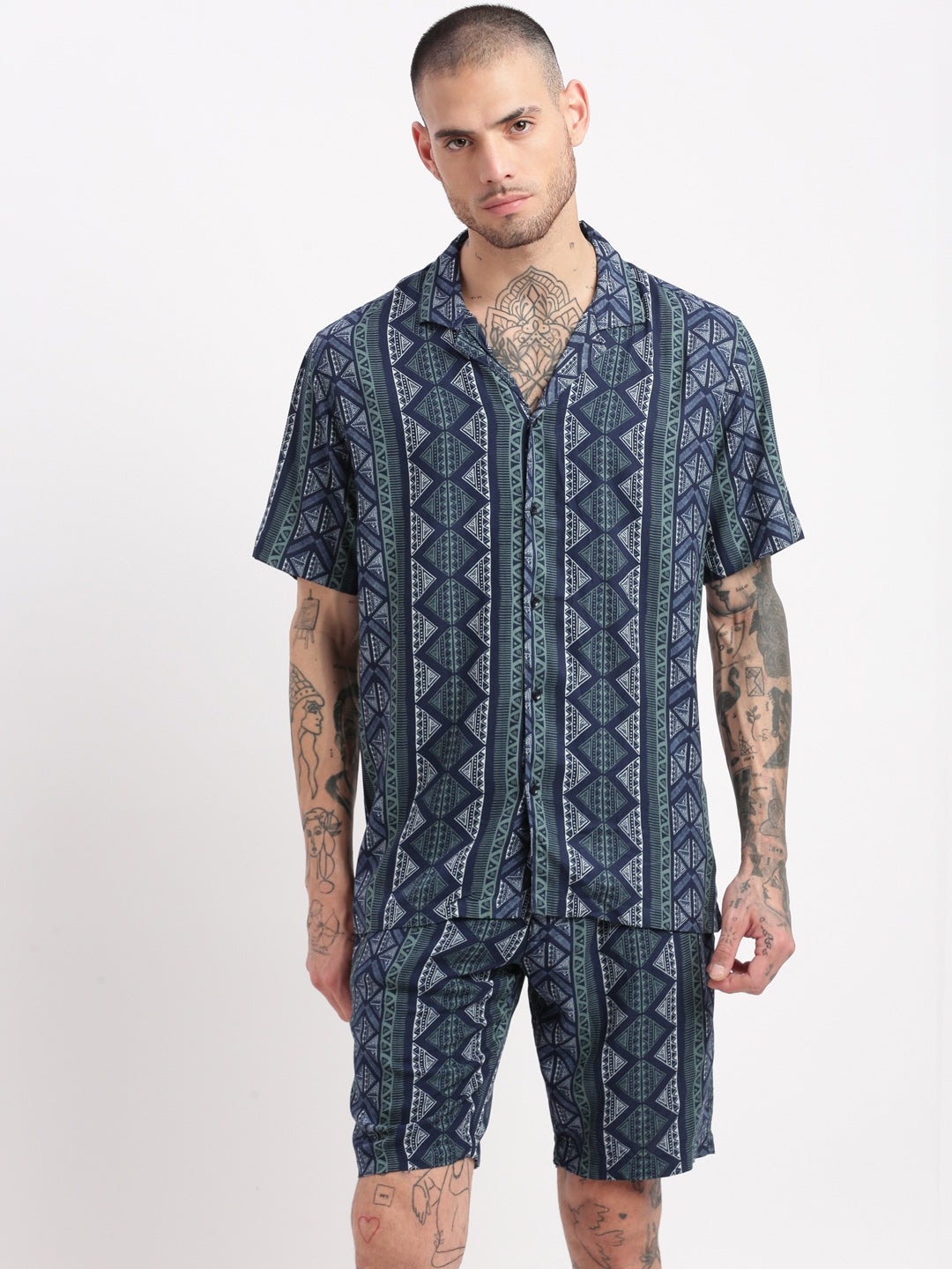 Men Geometric Print Cuban Collar Navy Blue Co-Ords Set