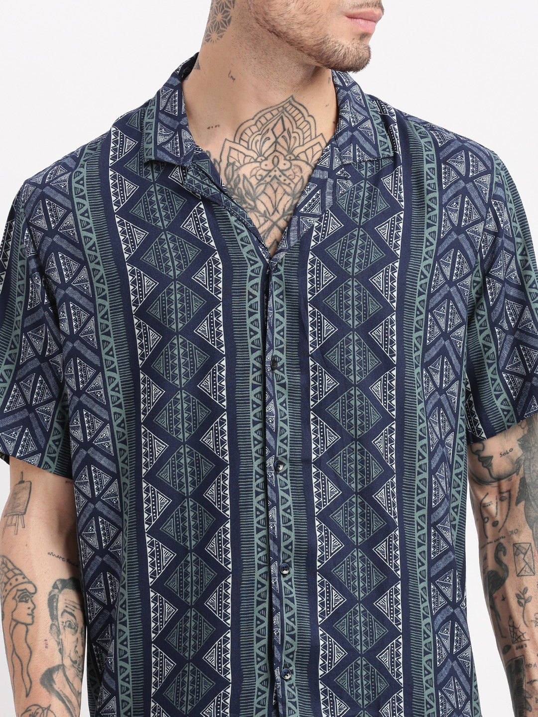 Men Geometric Print Cuban Collar Navy Blue Co-Ords Set