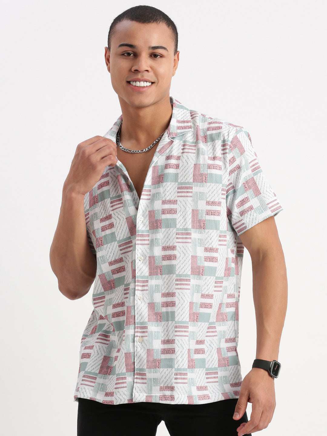 Men Cuban Collar Abstract Multi Shirt