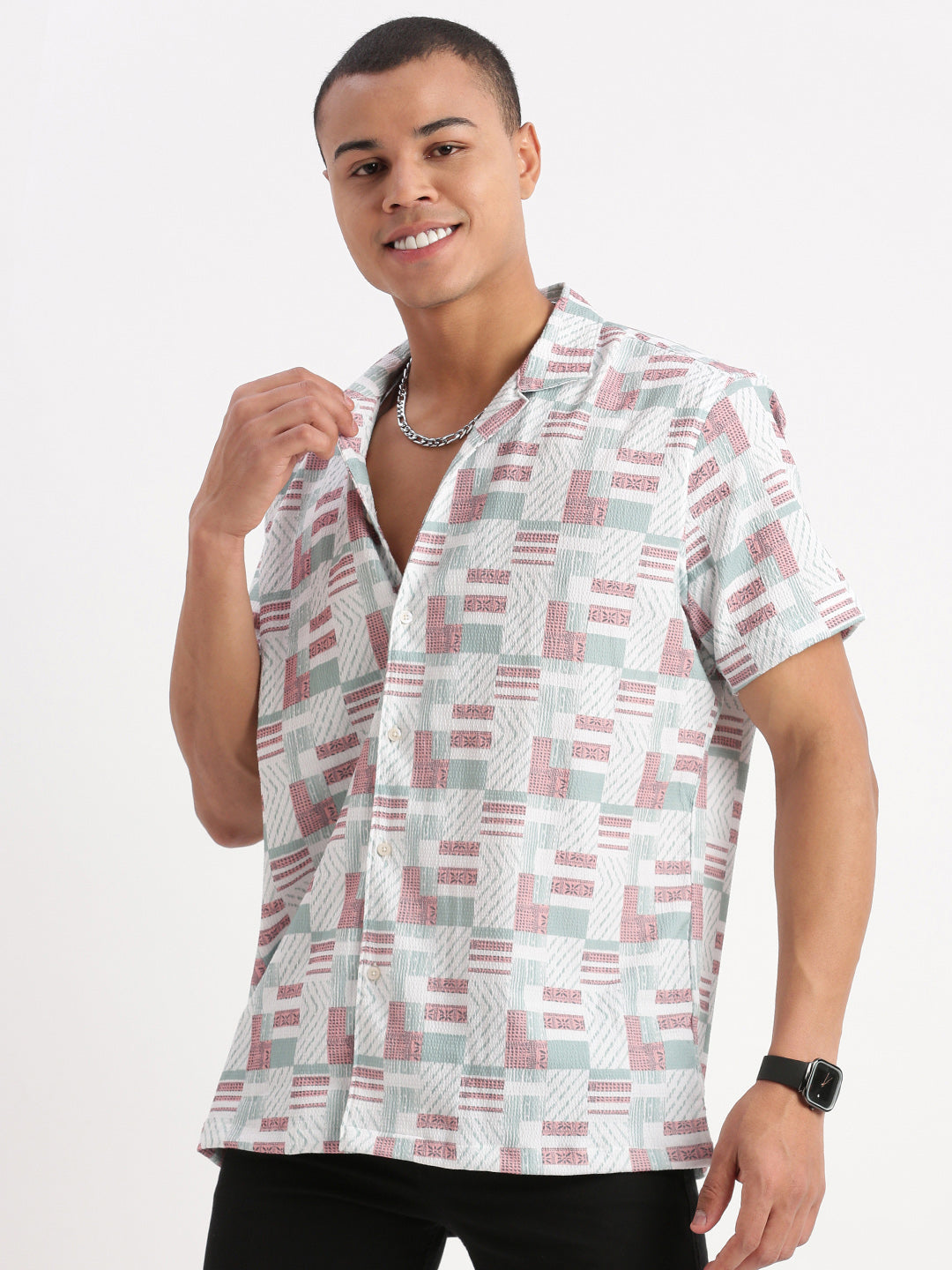 Men Cuban Collar Abstract Multi Shirt