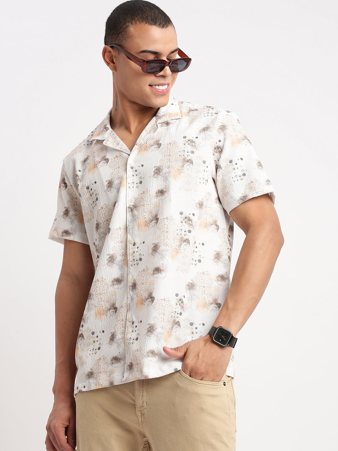 Men Cuban Collar Abstract Off White Shirt