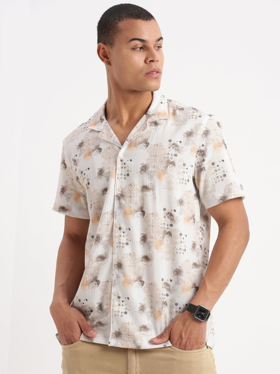 Men Cuban Collar Abstract Off White Shirt