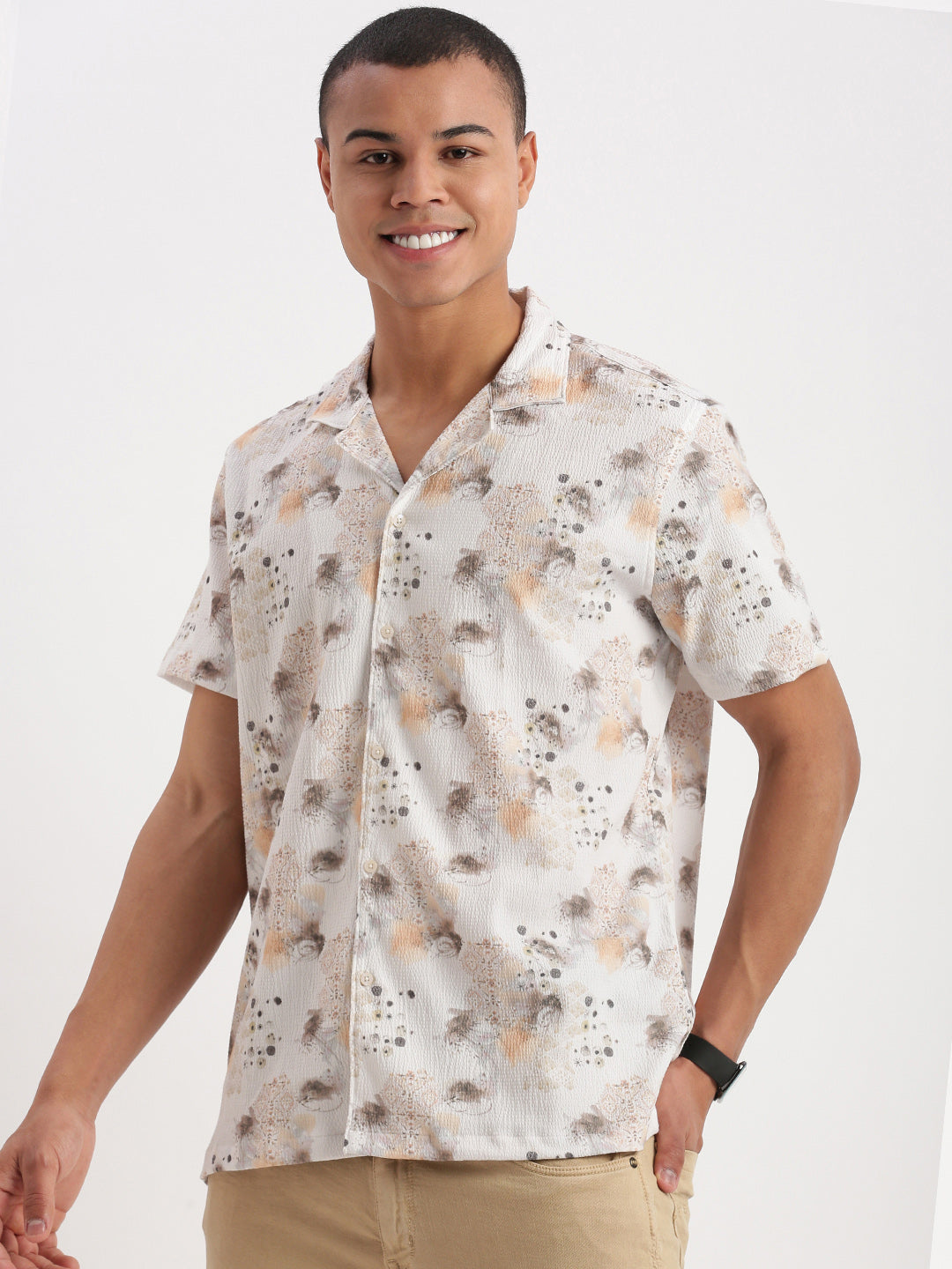 Men Cuban Collar Abstract Off White Shirt