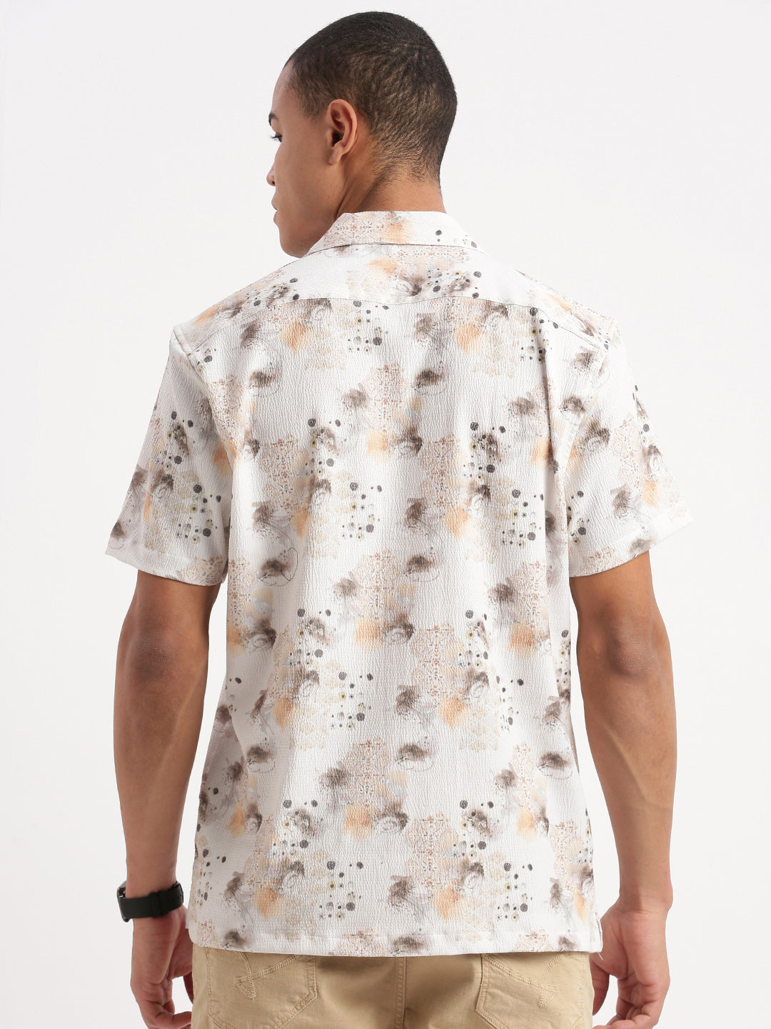 Men Cuban Collar Abstract Off White Shirt