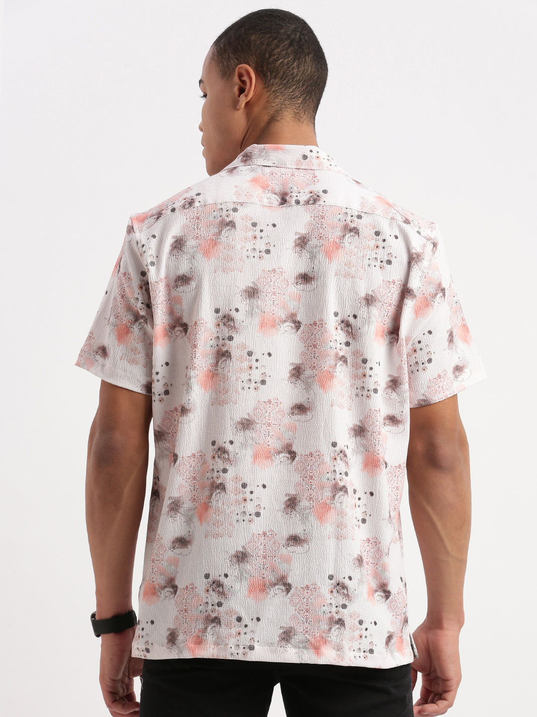 Men Cuban Collar Abstract Off White Shirt