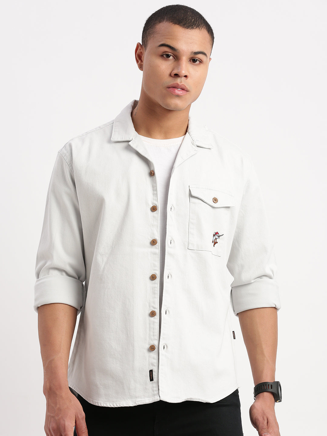 Men Cuban Collar Solid White Oversized Shacket