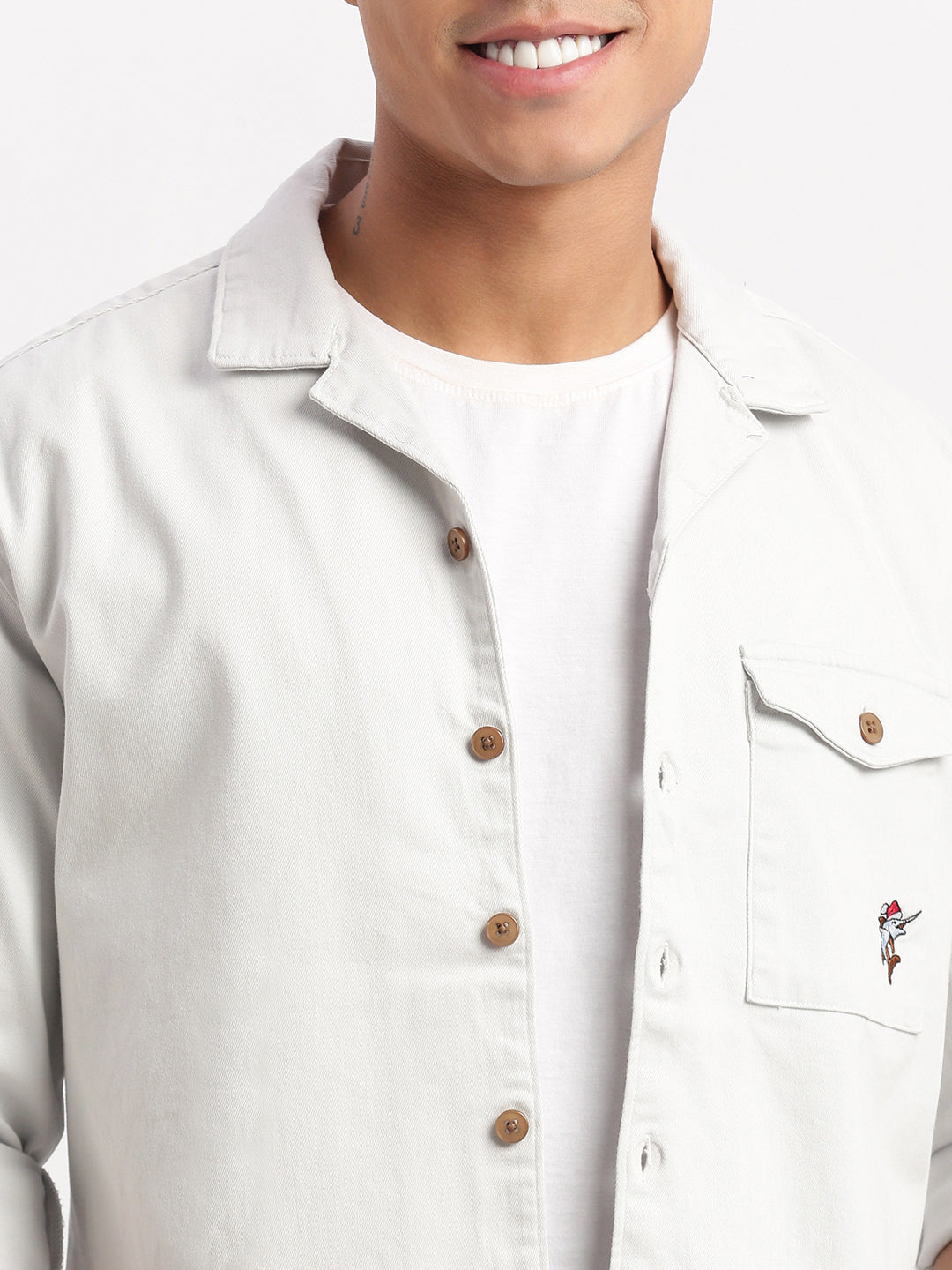 Men Cuban Collar Solid White Oversized Shacket