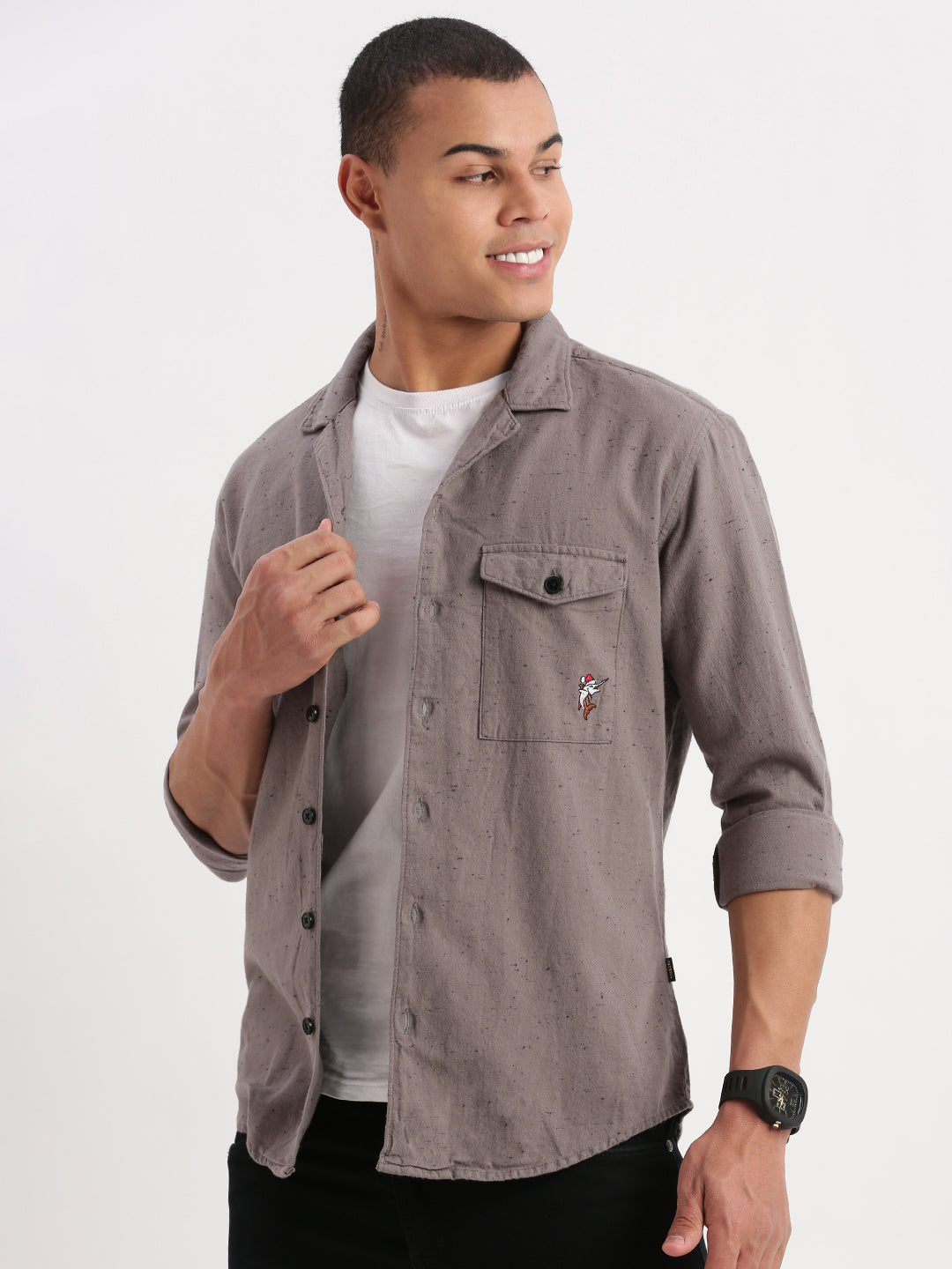 Men Cuban Collar Solid Grey Oversized Shacket