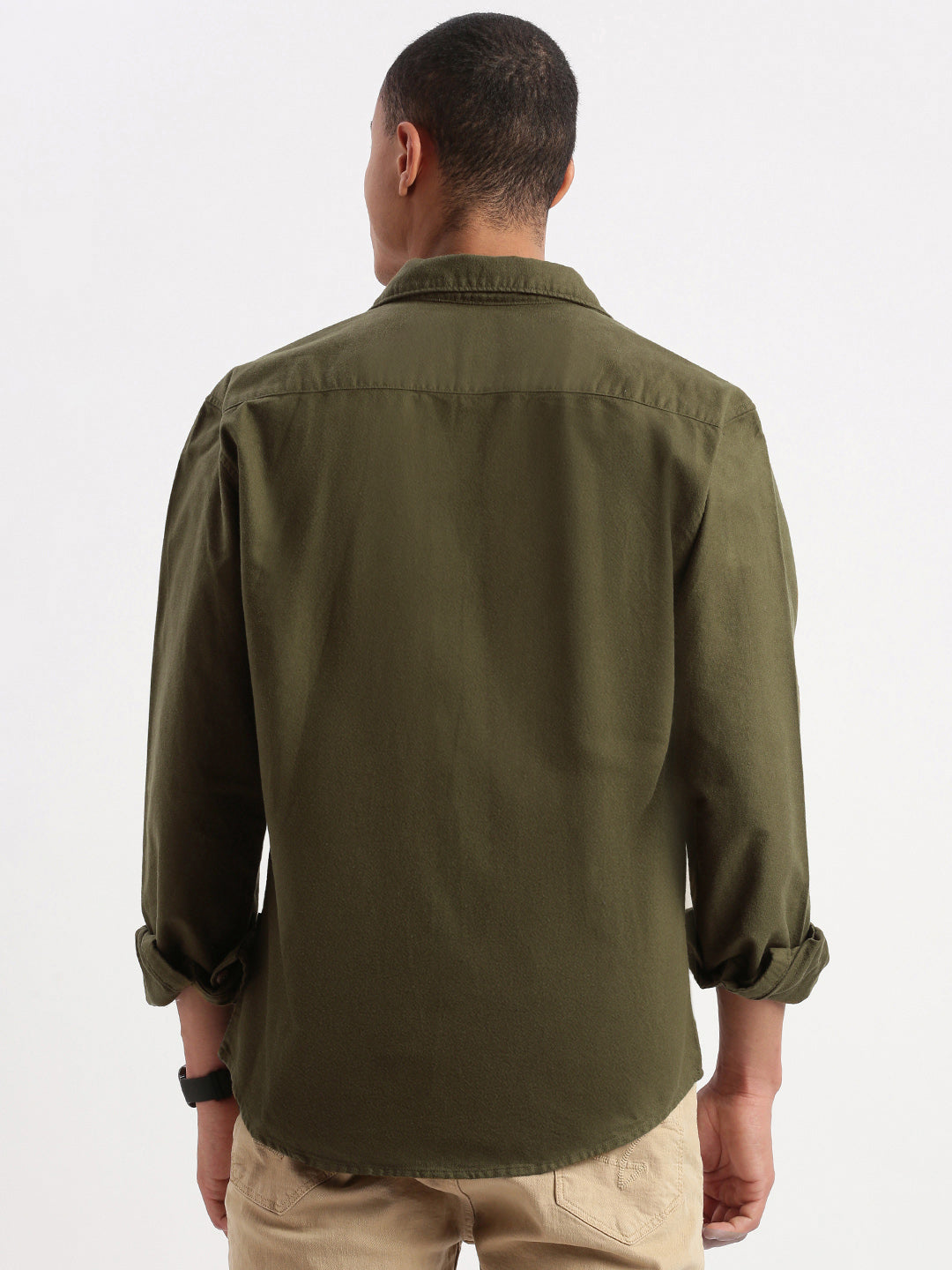 Men Cuban Collar Solid Olive Oversized Shacket