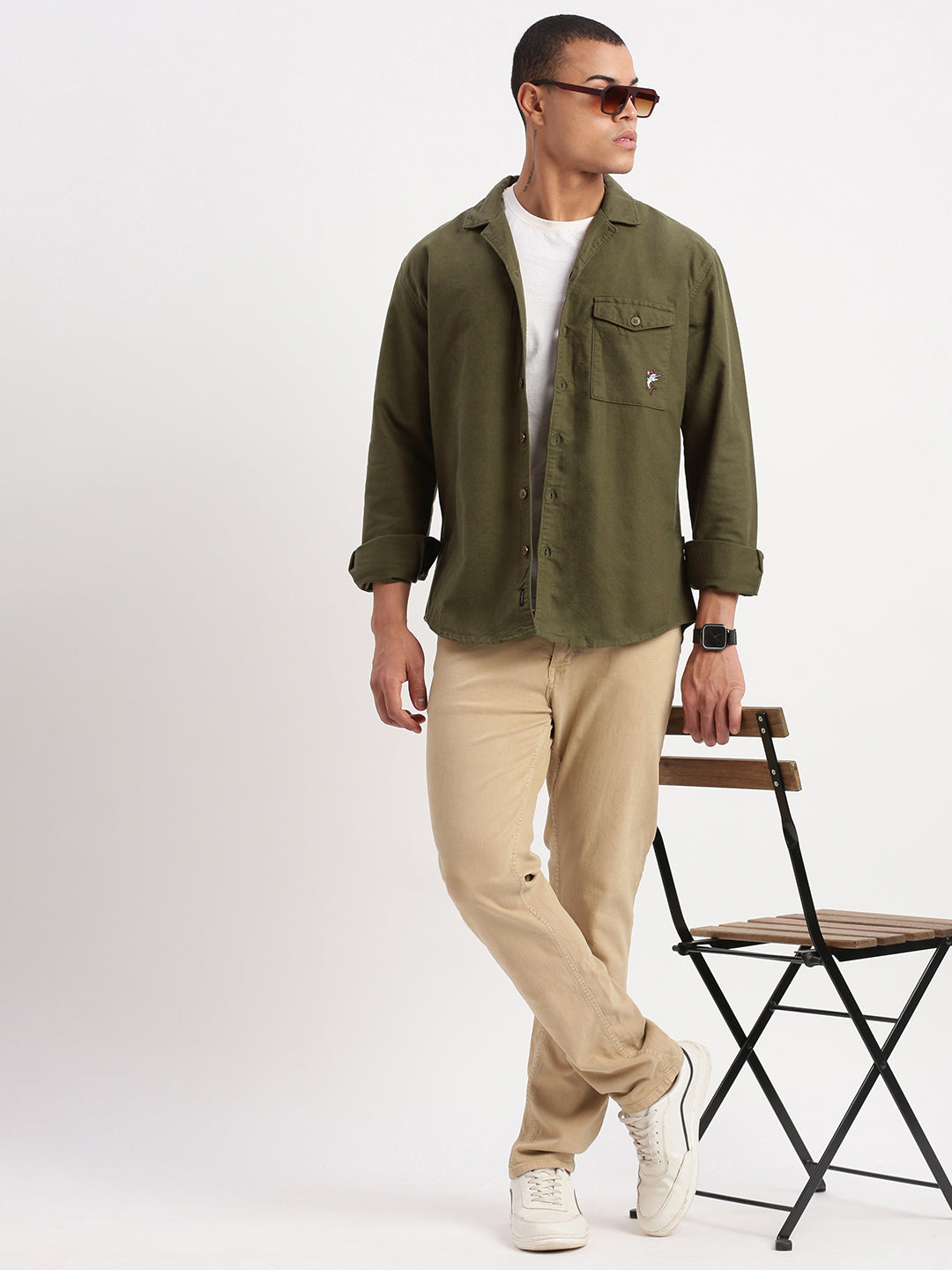 Men Cuban Collar Solid Olive Oversized Shacket