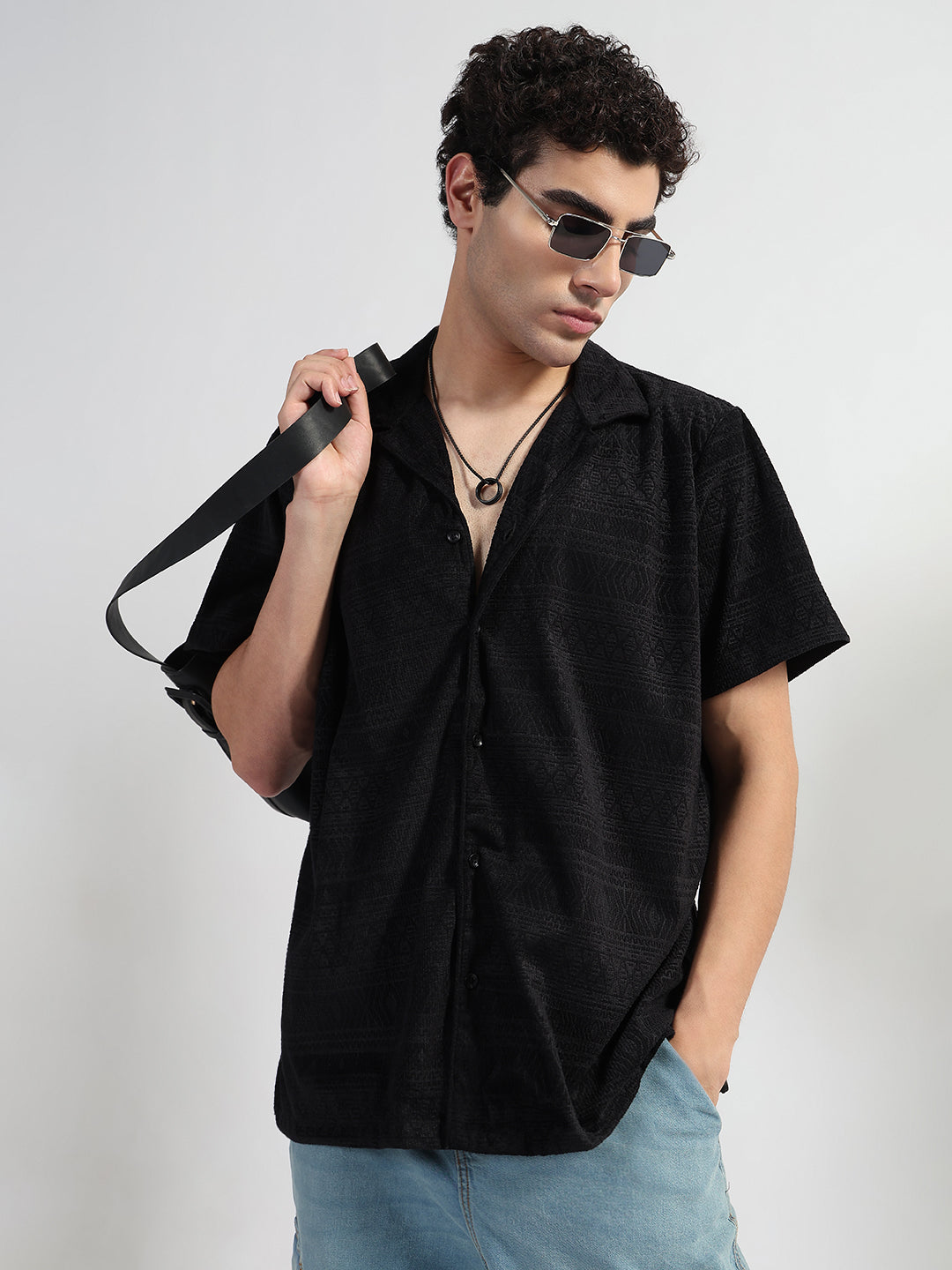 Men's Geometric Black Cuban Collar Relaxed Fit Velvet Shirt