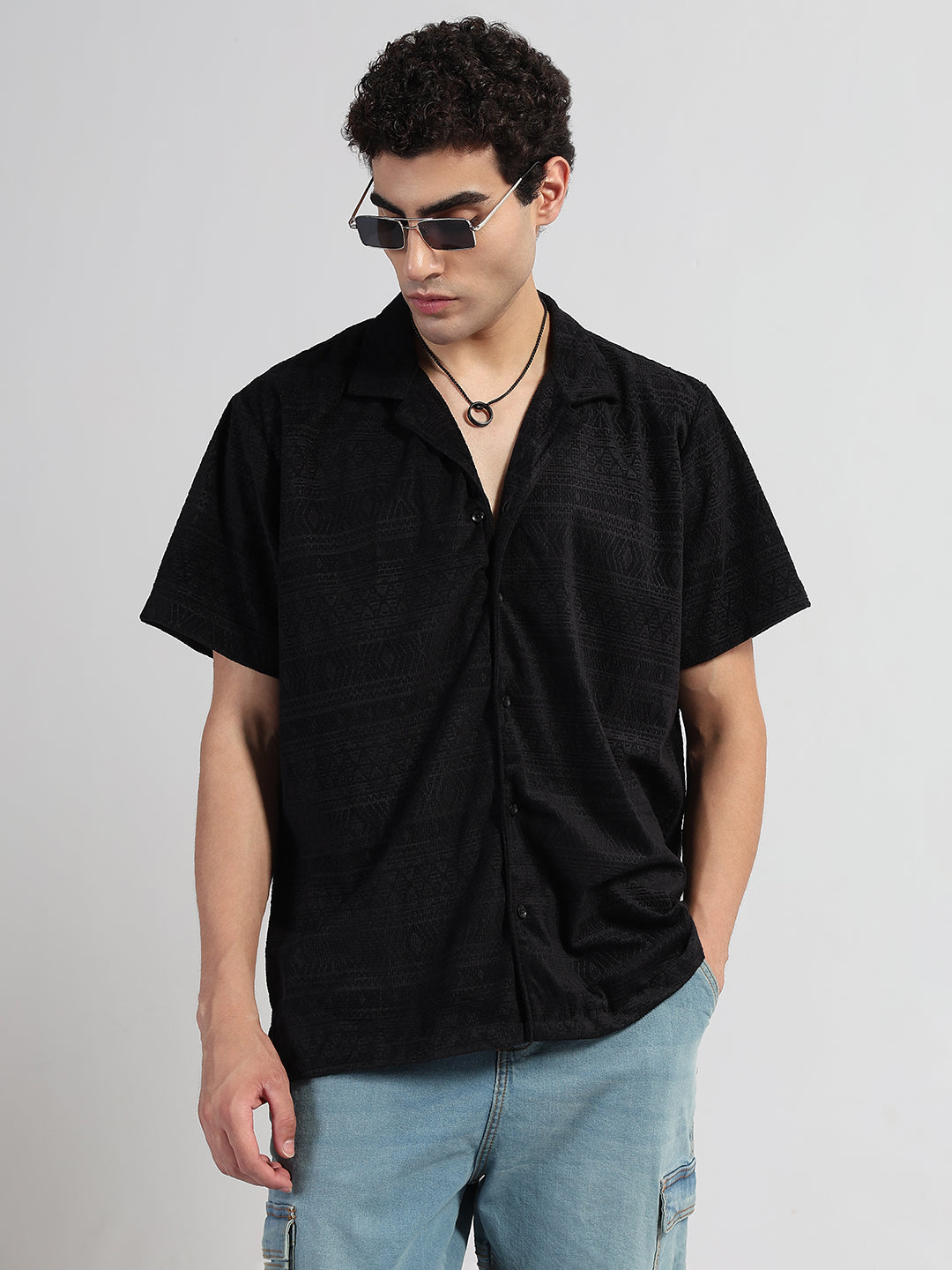 Men's Geometric Black Cuban Collar Relaxed Fit Velvet Shirt
