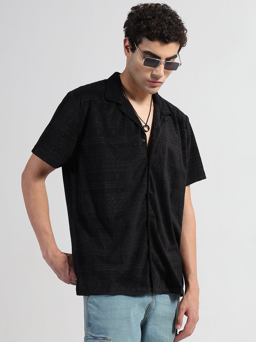 Men's Geometric Black Cuban Collar Relaxed Fit Velvet Shirt