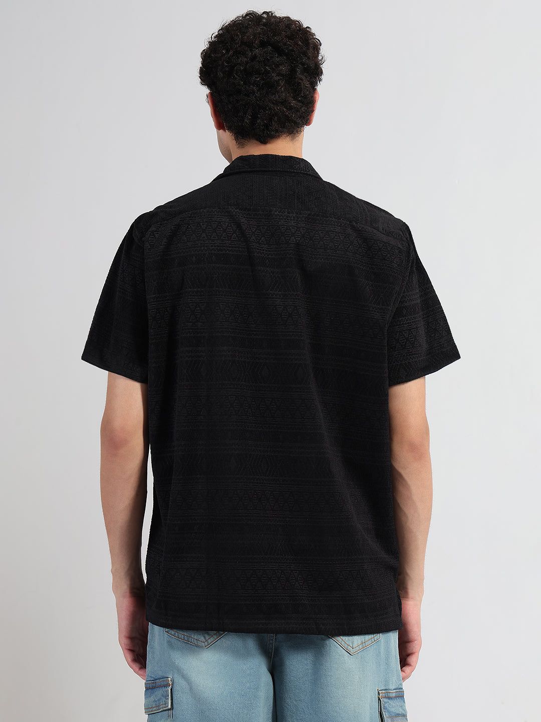 Men's Geometric Black Cuban Collar Relaxed Fit Velvet Shirt