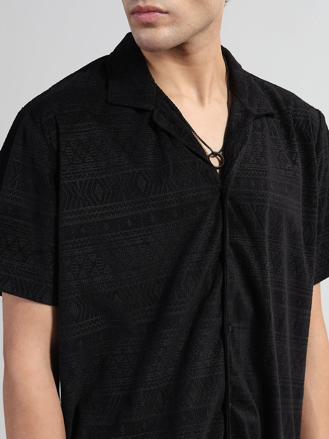 Men's Geometric Black Cuban Collar Relaxed Fit Velvet Shirt